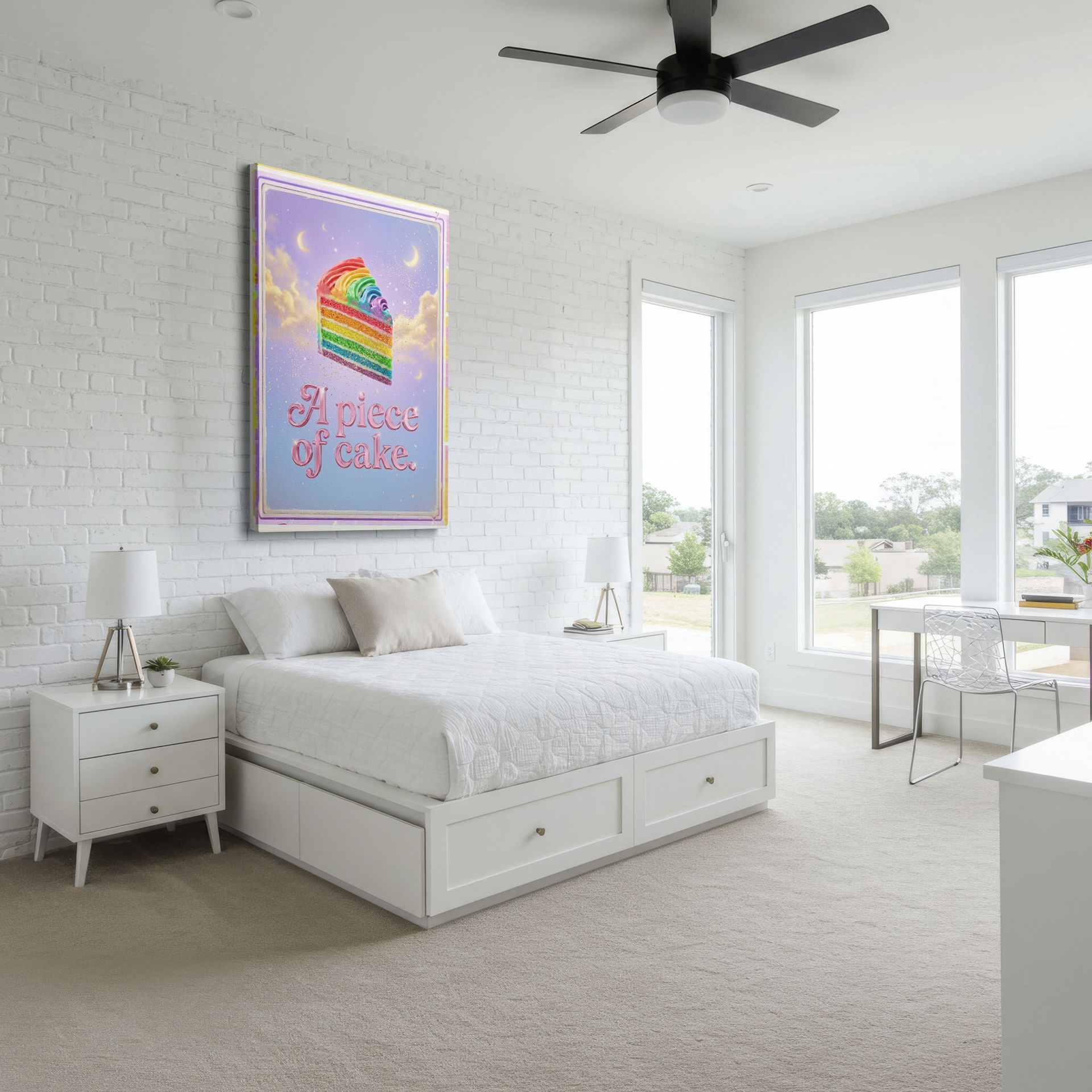 A slice of rainbow cake brightens this wall decor; the cheerful design features a celestial sky backdrop.