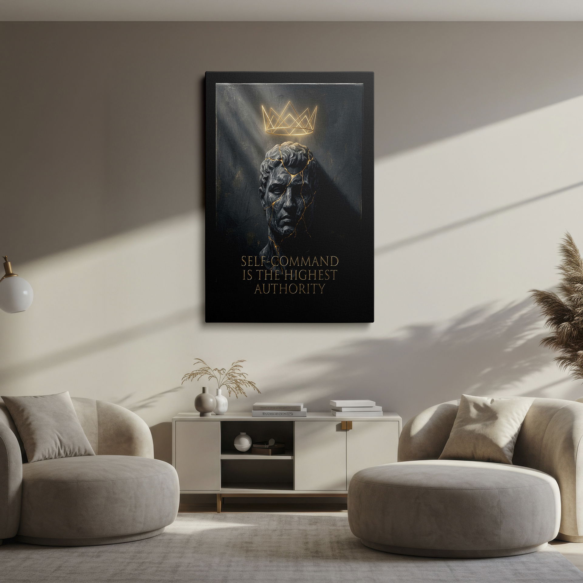 Sophisticated wall decor with a bust and meaningful inscription on canvas.