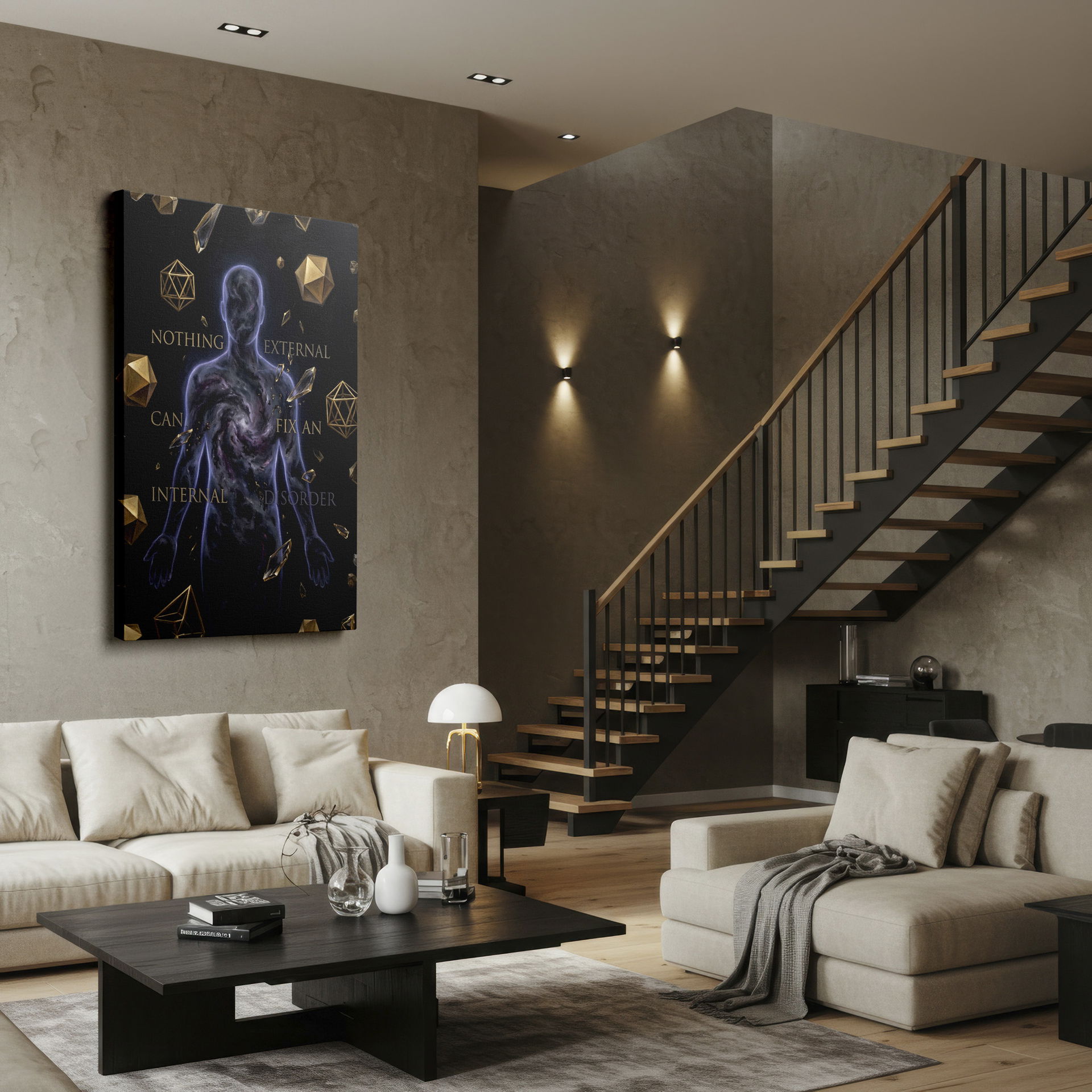Abstract Wrapped Canvas featuring a body filled with a galaxy and adorned with geometric shapes.