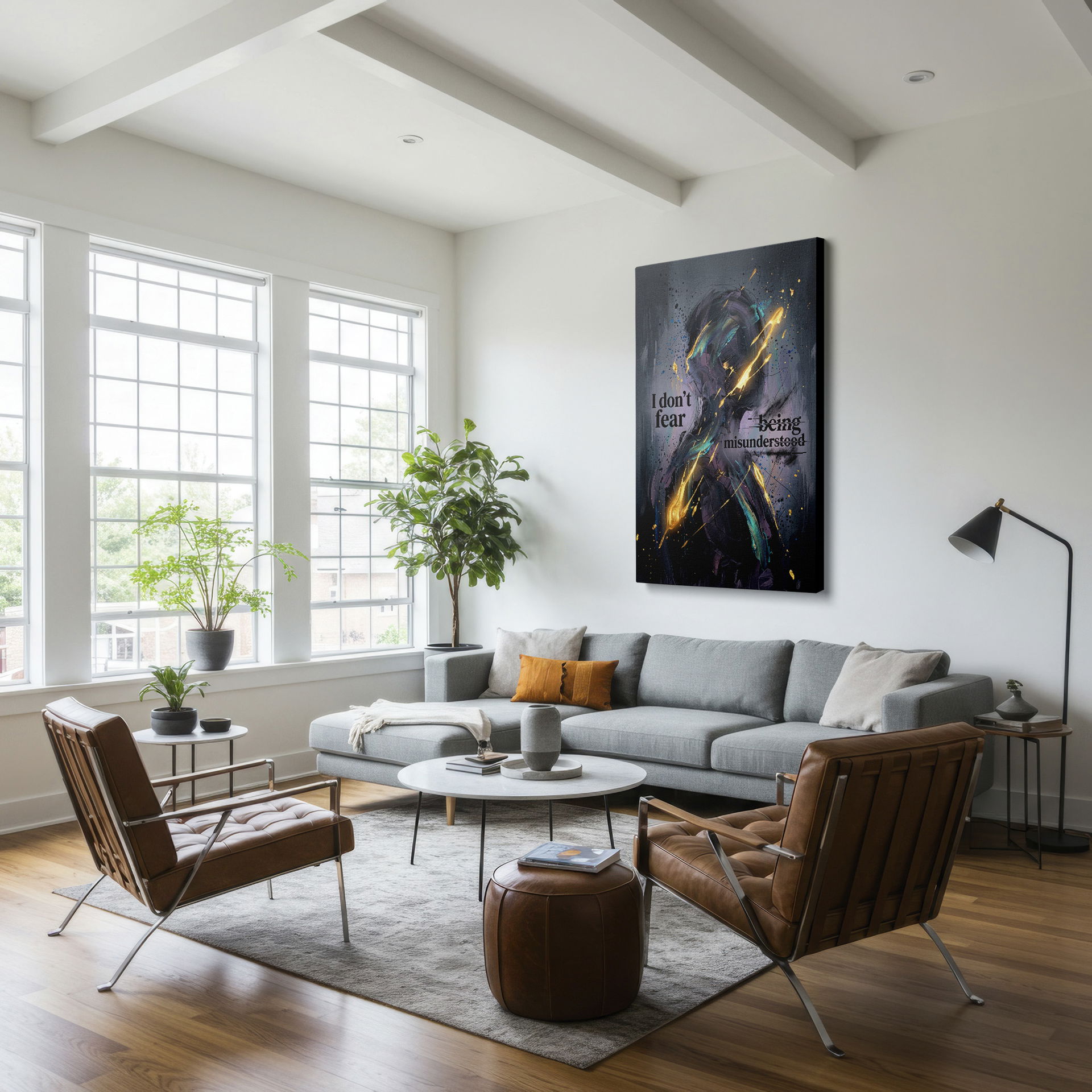 A dark, textured Wrapped Canvas with gold accents and an empowering message.