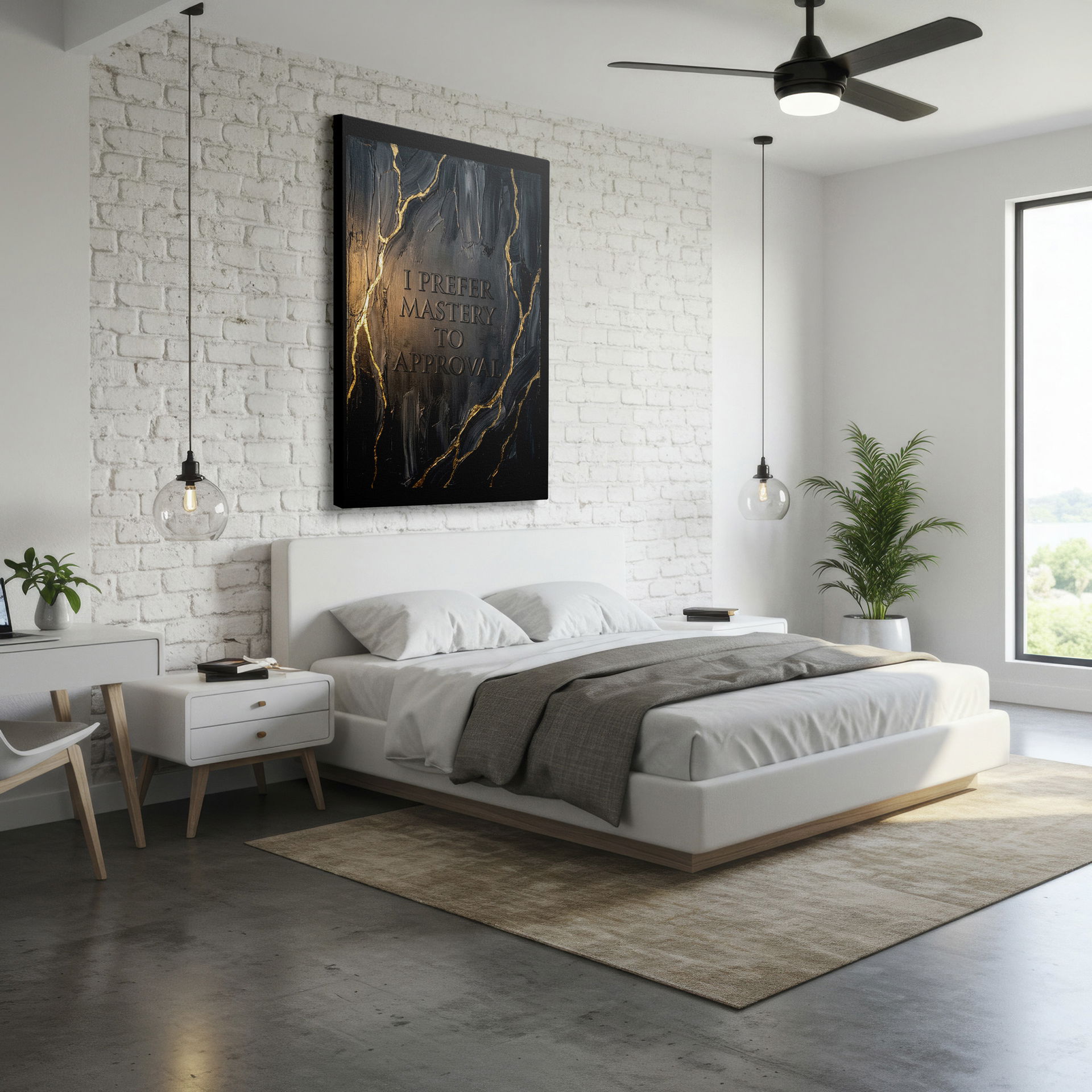 Motivational message displayed on artistic black and gold wall art.