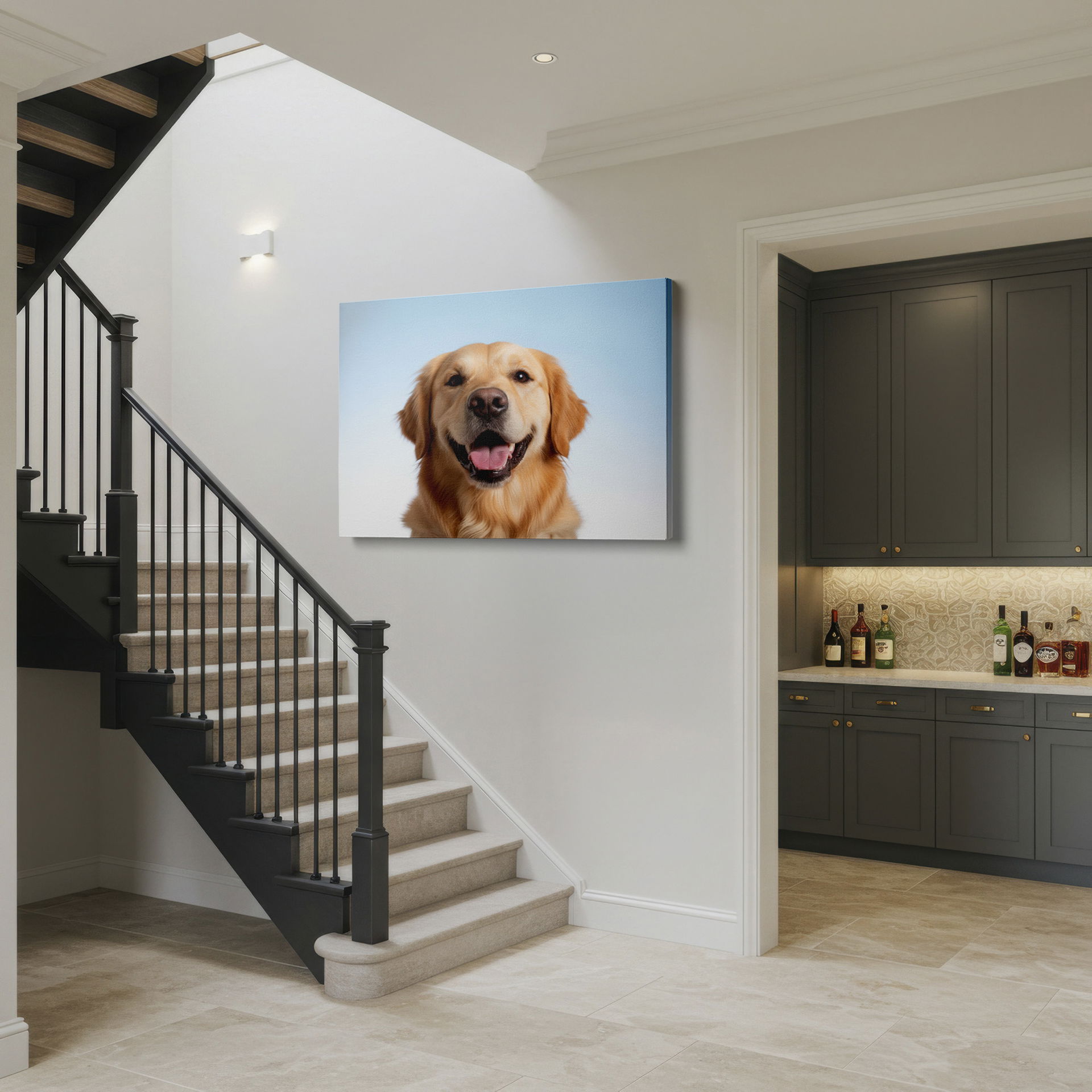 Smiling Golden Retriever face on canvas wall art shows its open mouth and eager expression, a beautiful addition of wall art.
