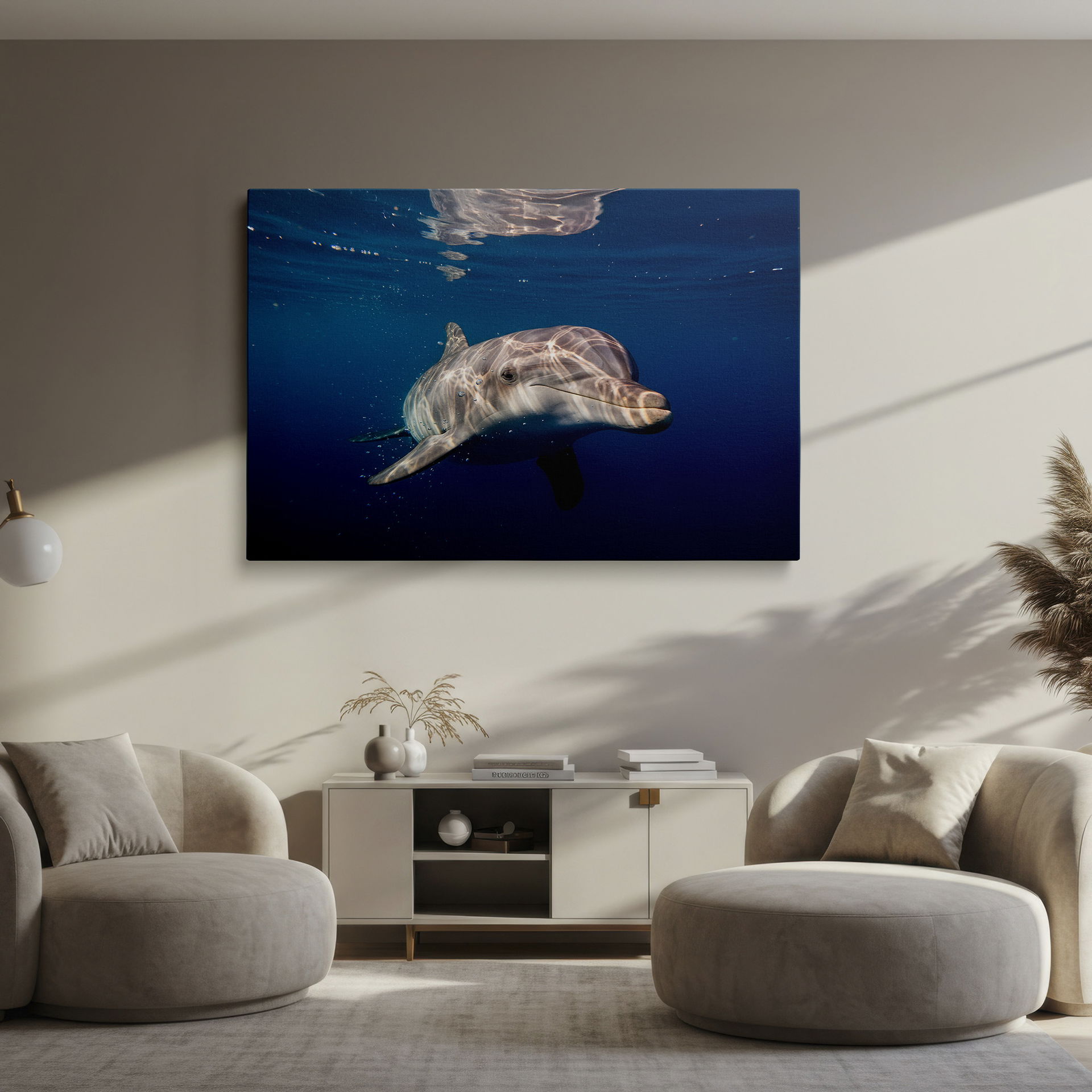 Graceful wall decor of a dolphin gliding underwater, with sunlight creating mesmerizing patterns on its skin.