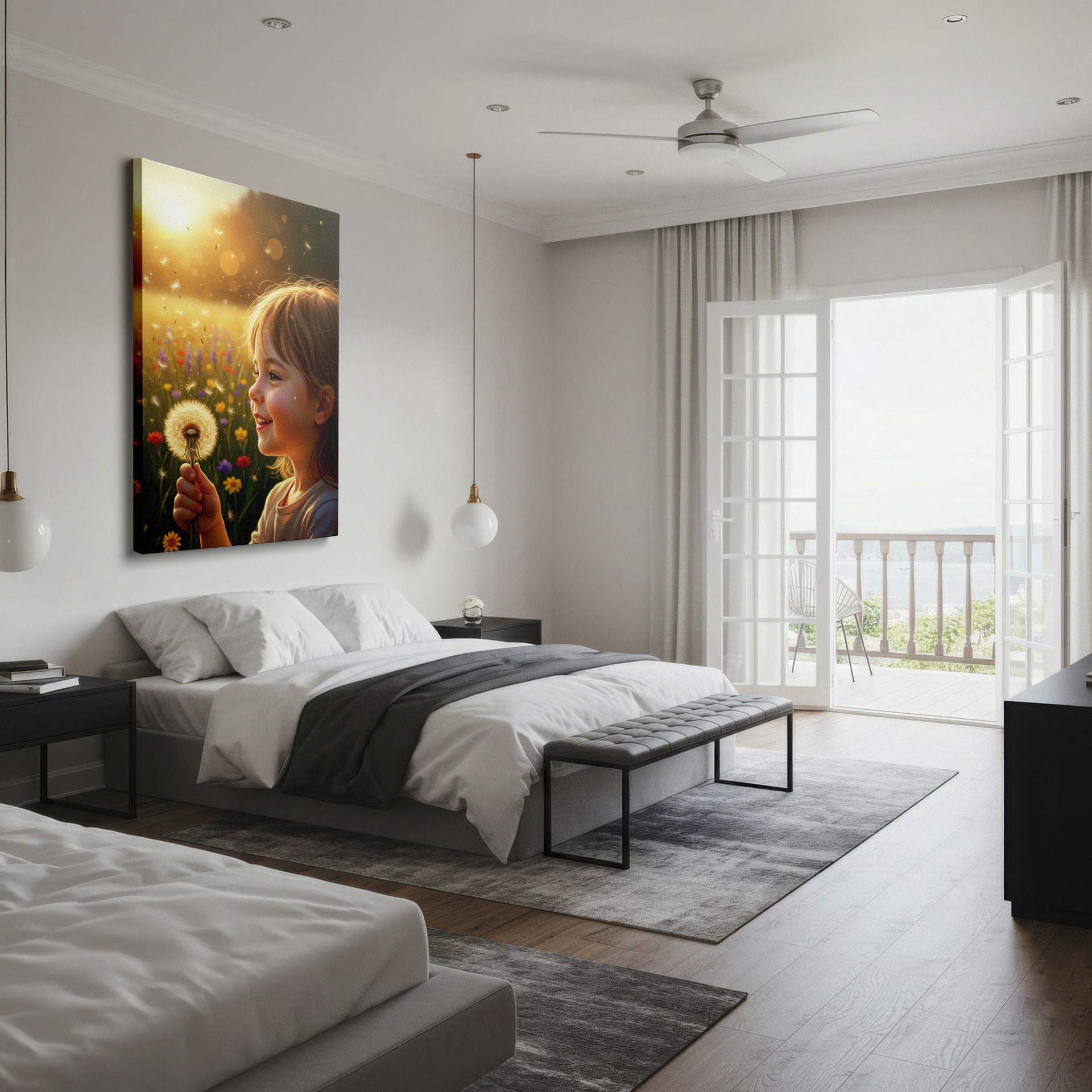 A child looking at a dandelion with seeds floating in the air. Perfect wall decor for a nursery.