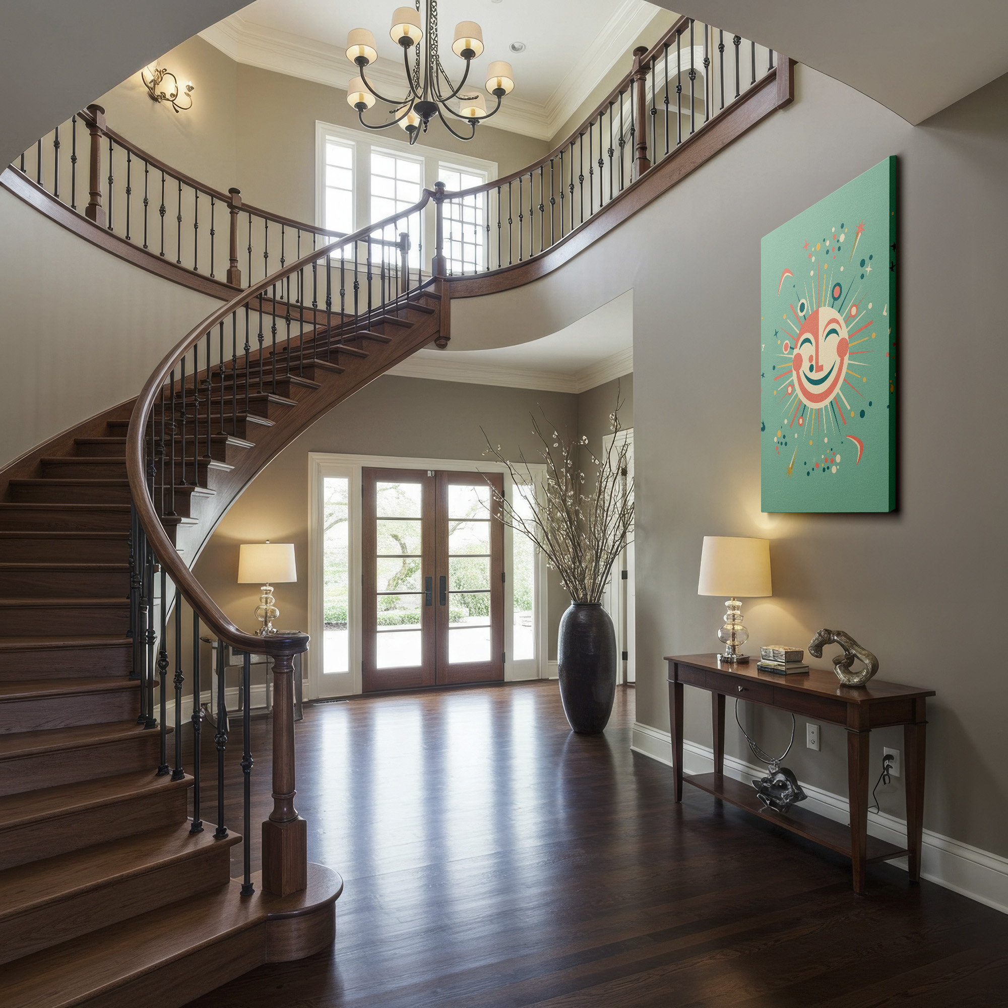 Fun smiling sun wall decor with colorful retro design on a teal backdrop.