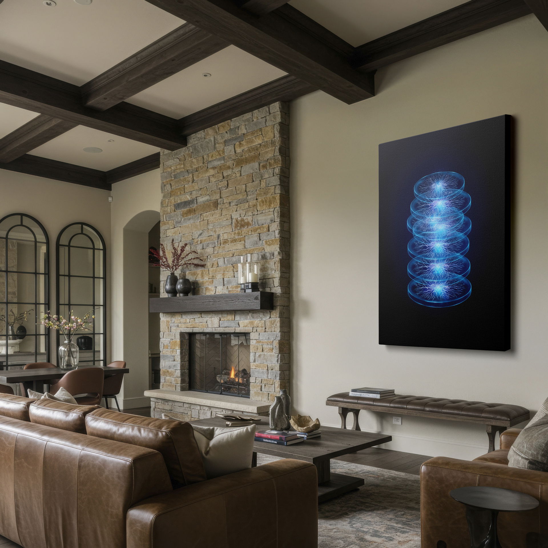 Abstract wall art: Translucent discs glow with electric blue energy, a modern focal point.