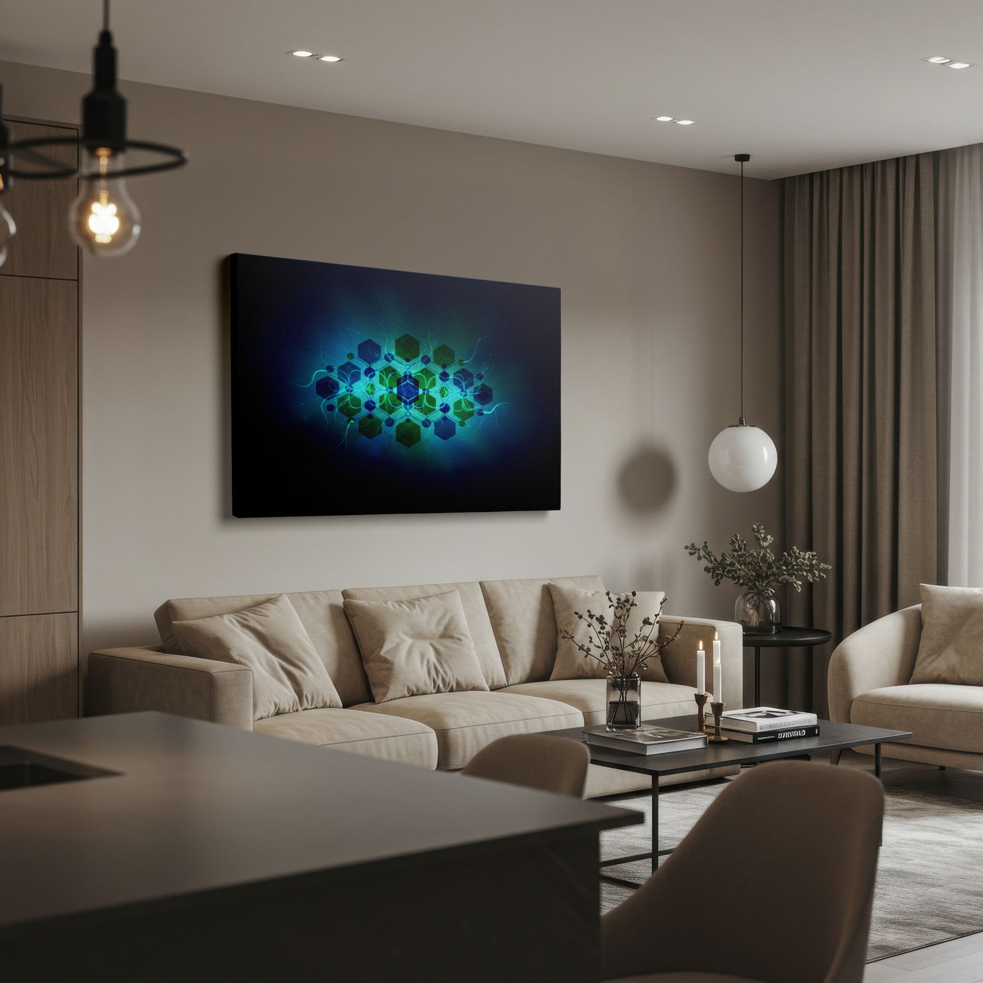 Abstract wall decor highlighting a blend of blue and green geometric elements, resulting in a contemporary artistic piece.