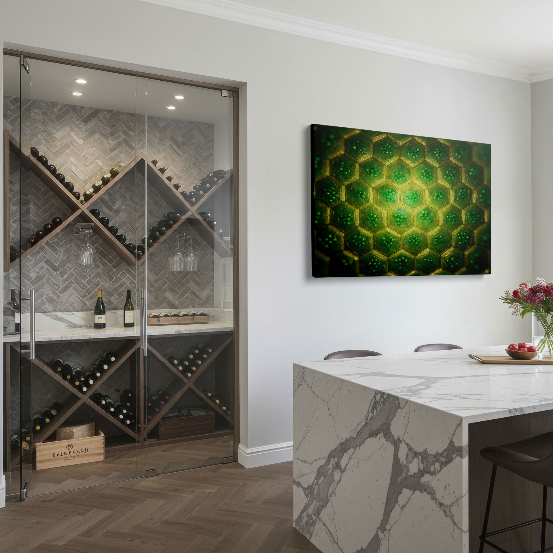 Enhance your home with green geometric wall art highlighting a detailed abstract cell structure pattern as wall decor.