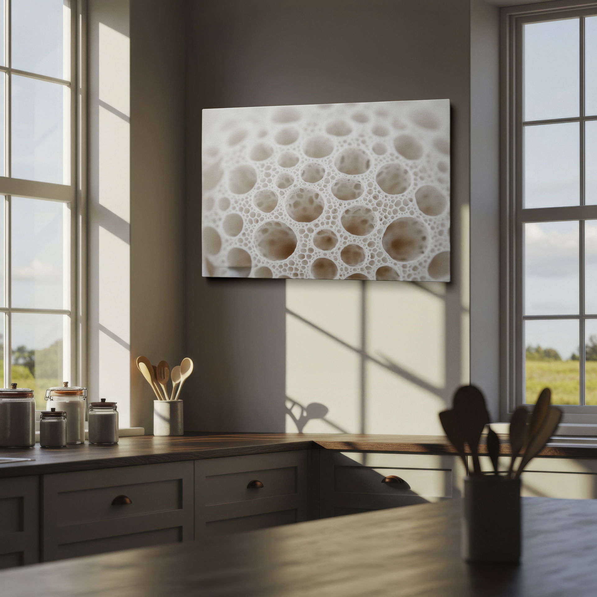 Delicate perforations create texture on abstract wall art, a close-up view of organic patterns in soft, neutral colors.