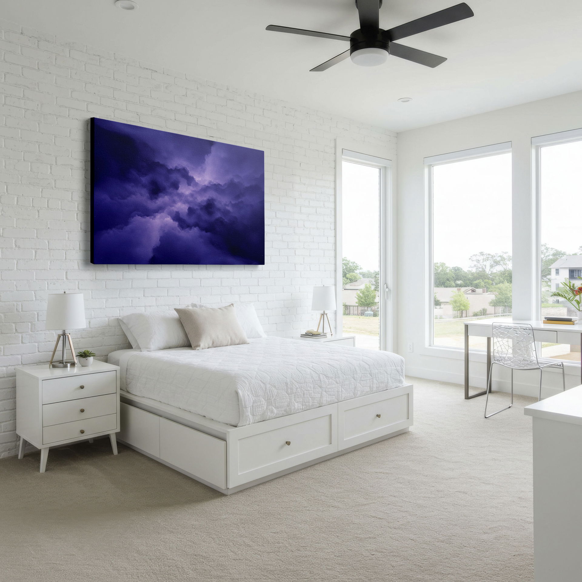 Dramatic purple clouds evoke a sense of calm in this visually stunning piece of wall art.