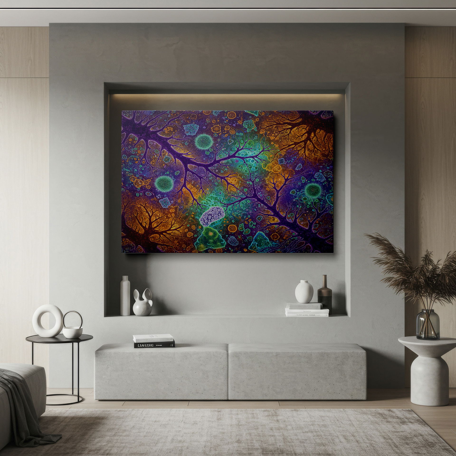 A modern and sophisticated Wrapped Canvas print featuring microscopic-inspired imagery.