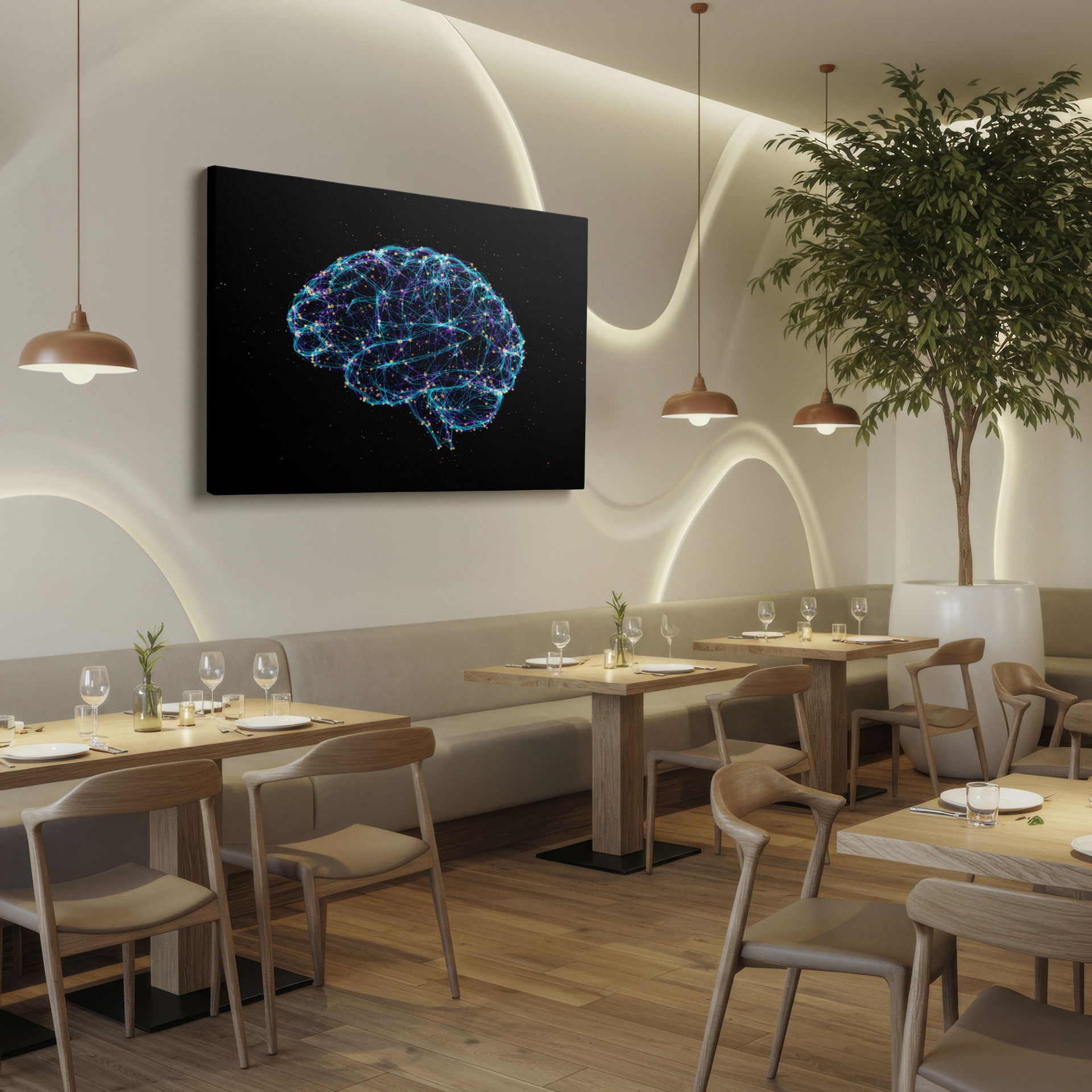 Abstract digital design shows a radiant brain network; nodes connected on black. This Wrapped Canvas brings modern flair.