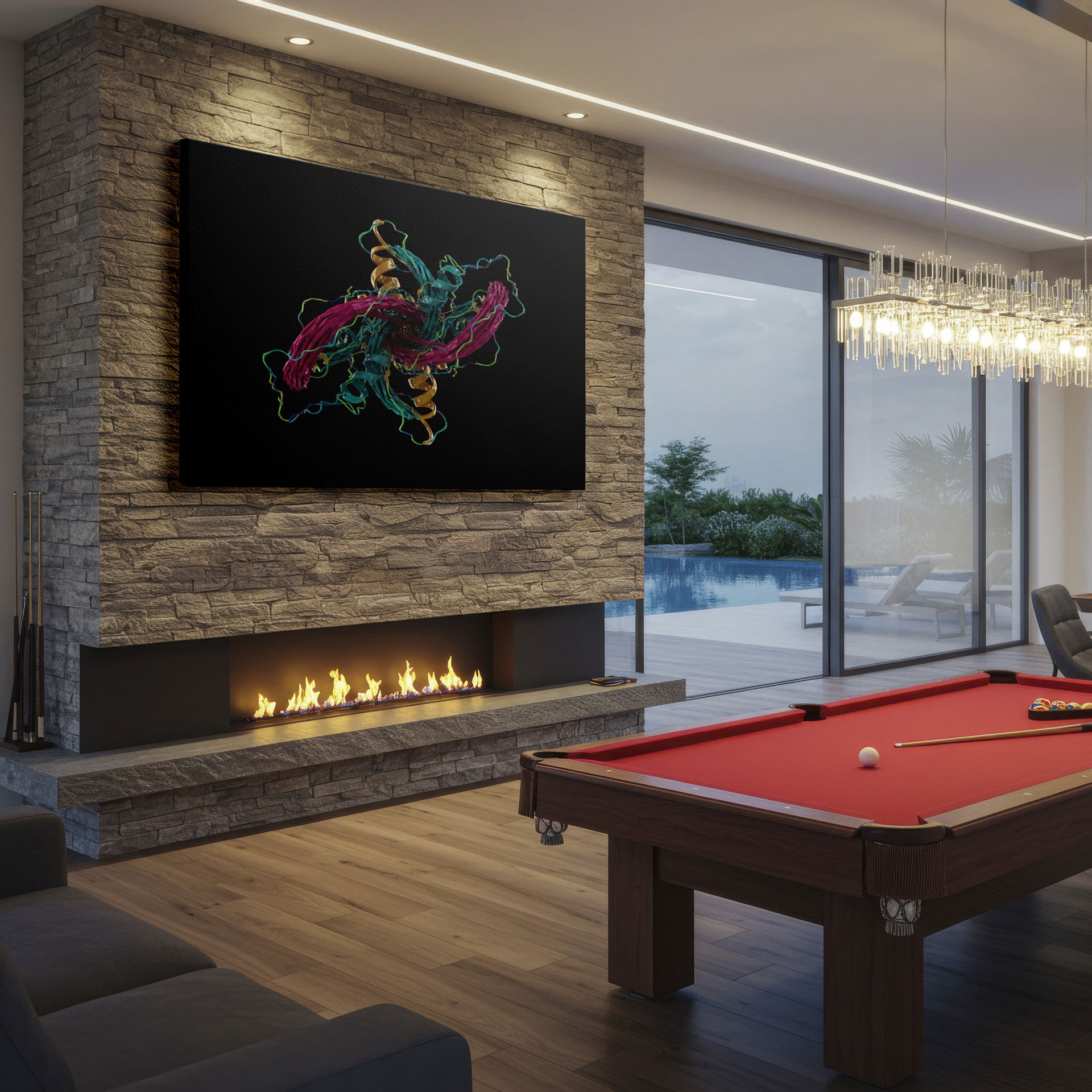 Sophisticated wall decor featuring swirling teal, magenta, and gold abstract digital design.