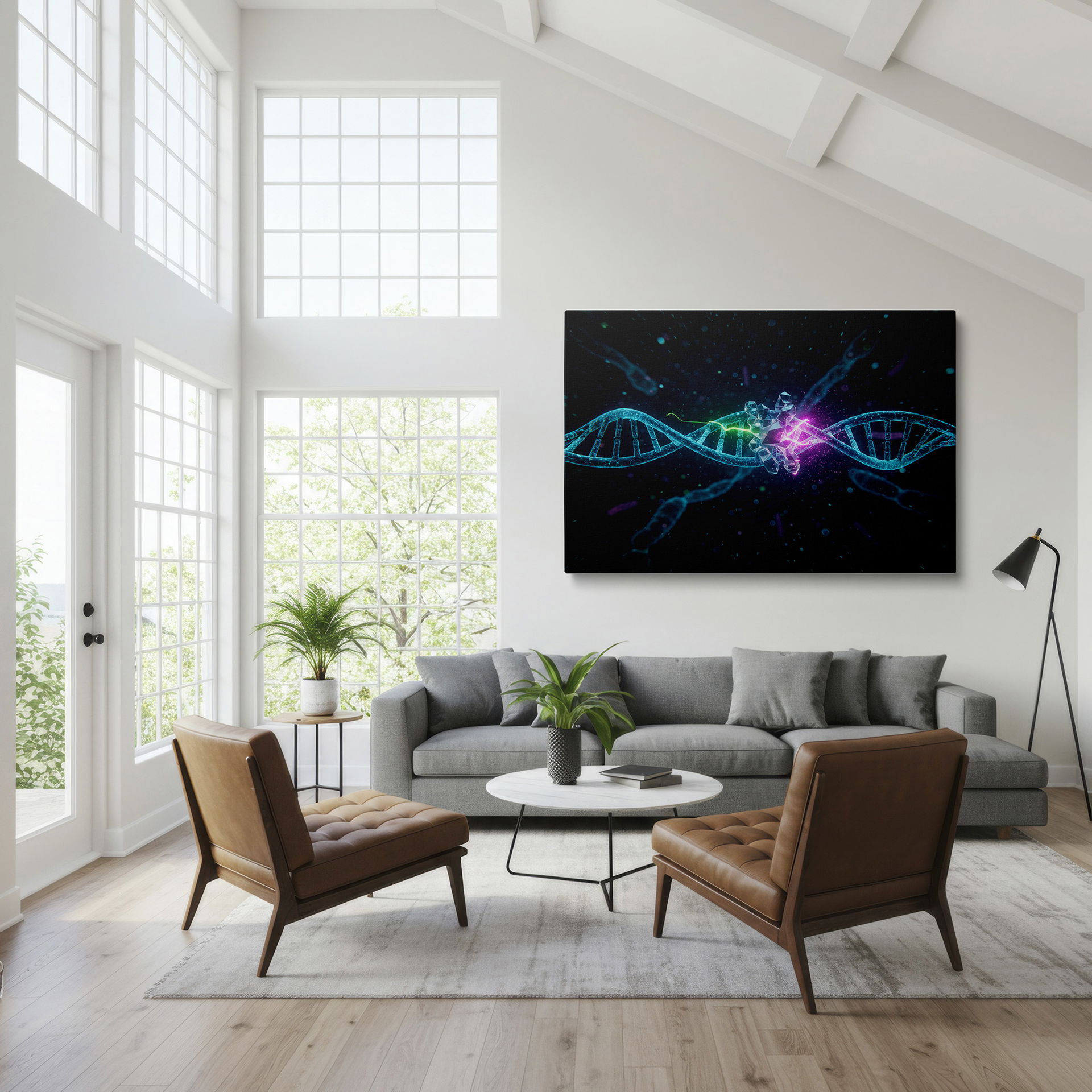 Visual wall decor: glowing DNA molecule disrupted by a crystalline structure, colored in dynamic pink and green hues.