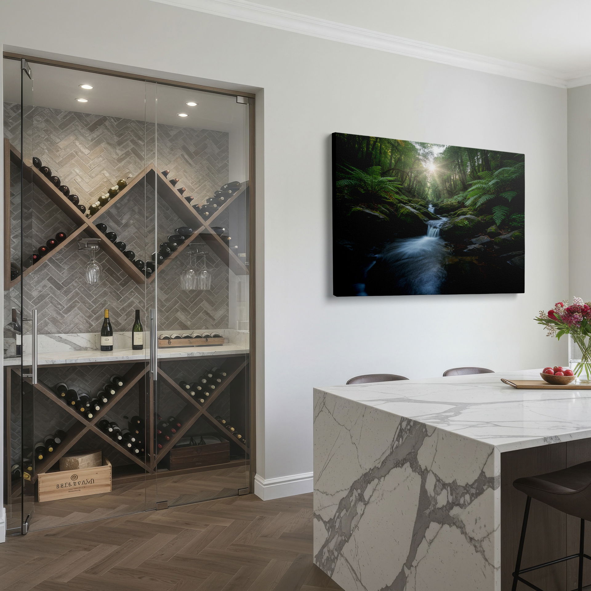 Fern-lined forest stream with sunlight creating a serene ambiance for this scenic wall art.