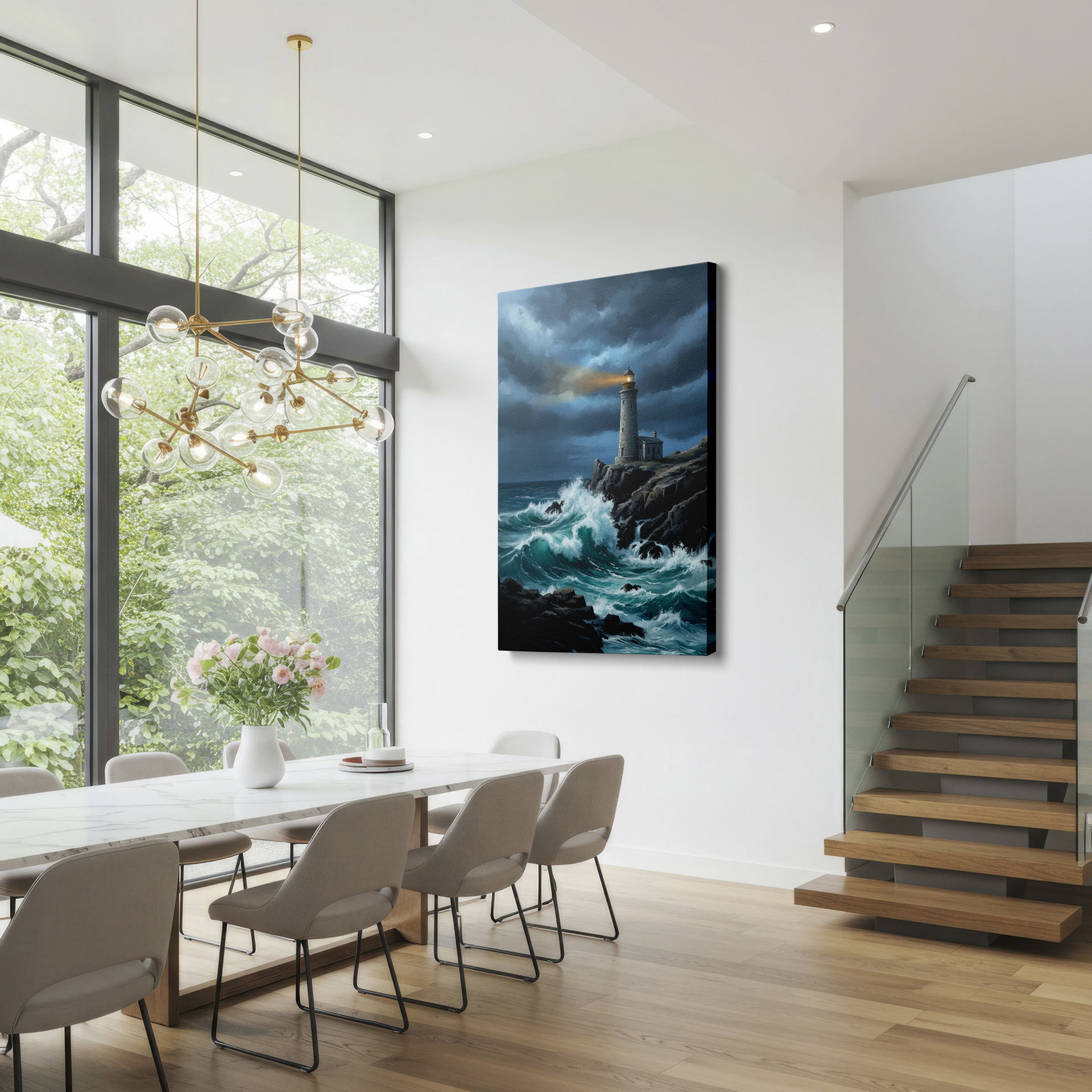 Detailed Wrapped Canvas featuring a historic stone lighthouse, crashing waves, under a stormy sky.