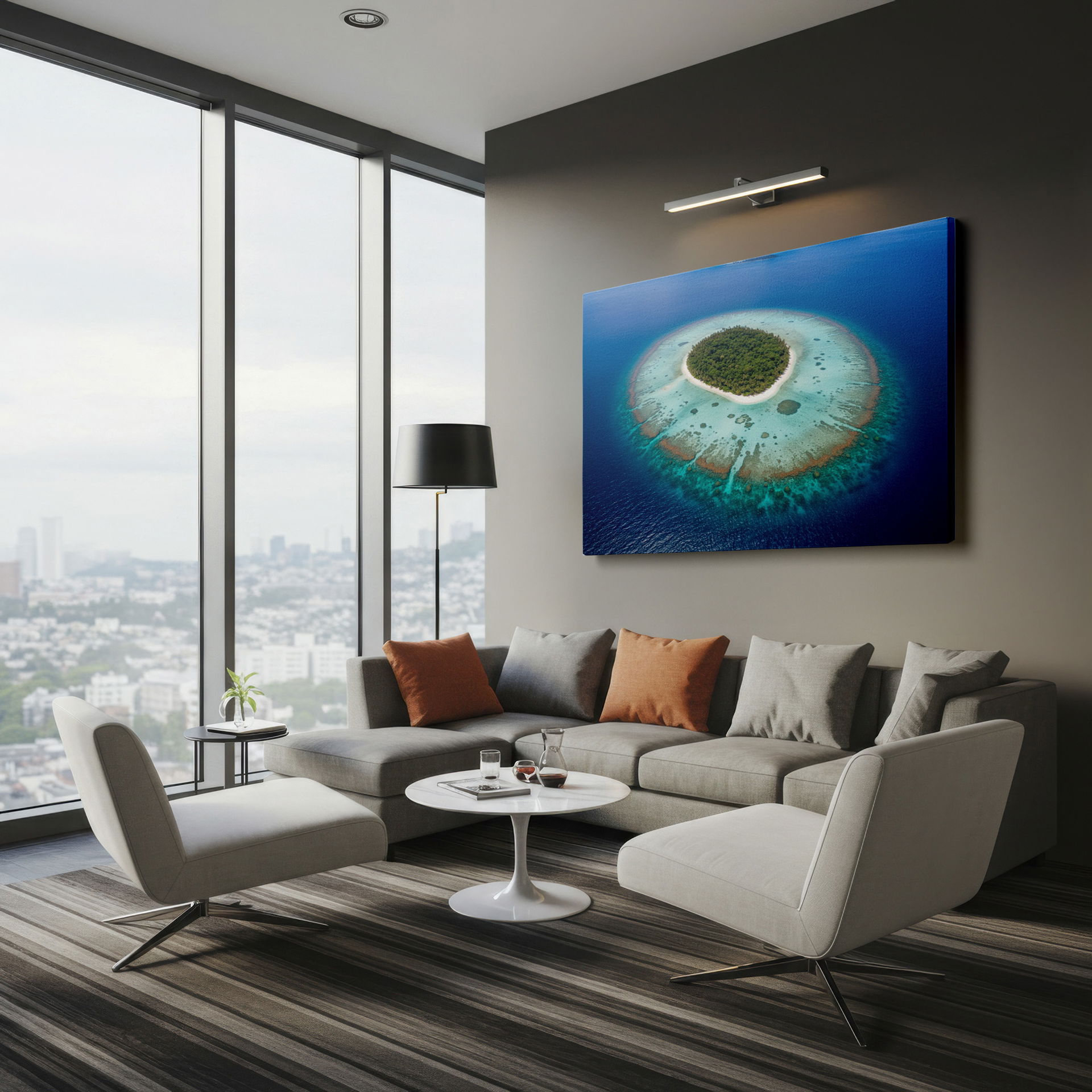 Turquoise waters surround a verdant island oasis; an ideal piece of wall art for any room.