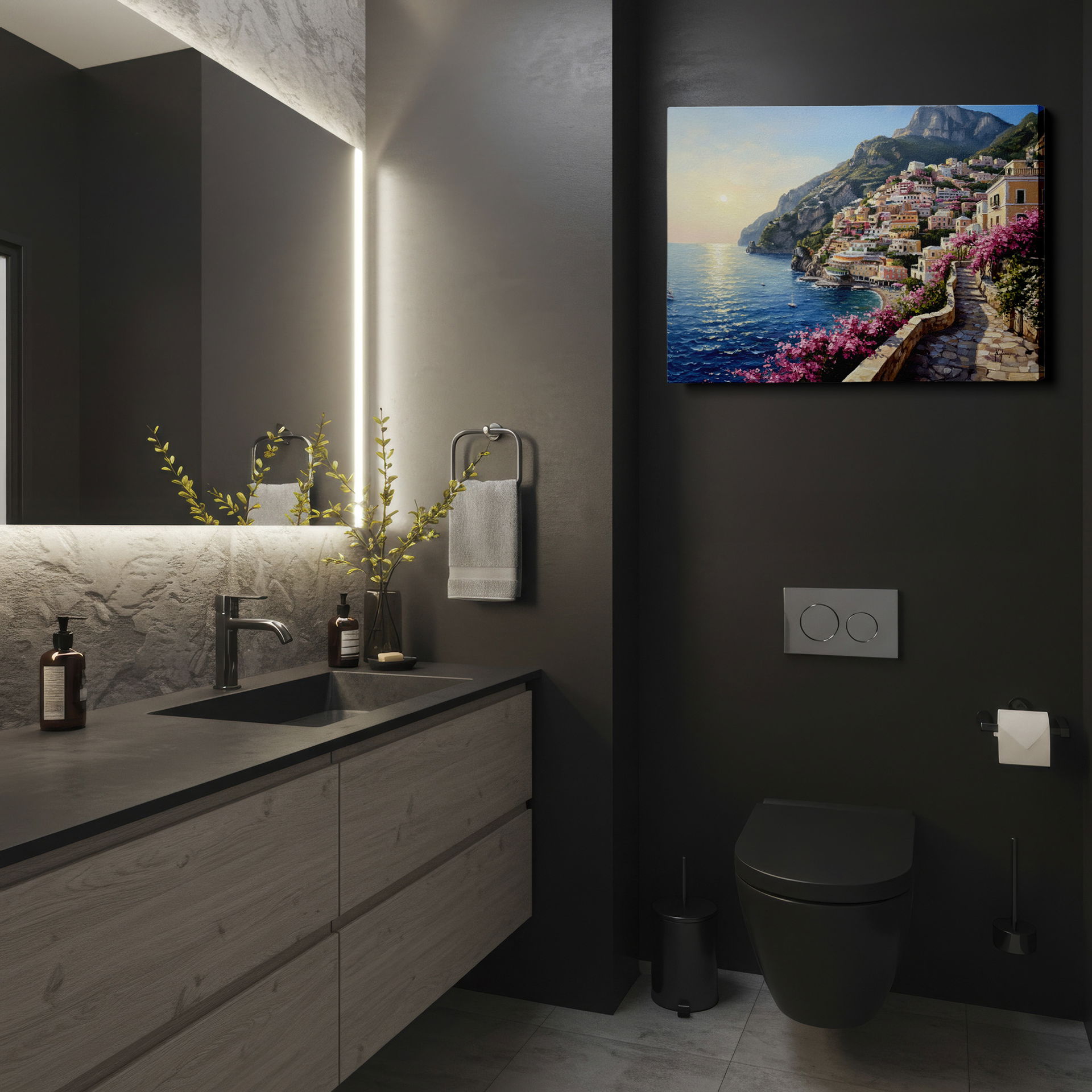 Details of blooming flowers and stone steps enhance this scenic wall decor.