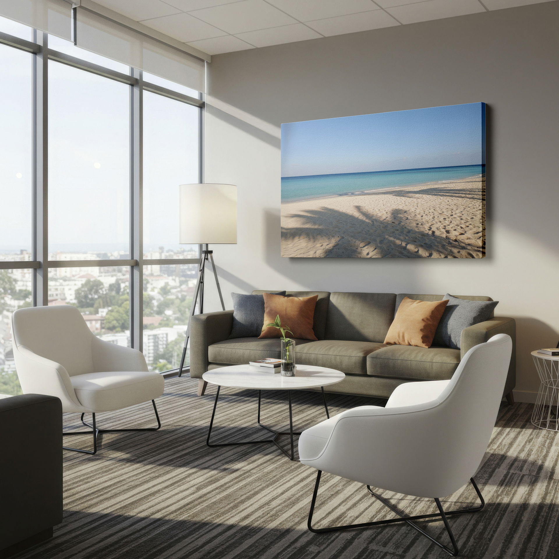 Bring the serene beauty of a tropical beach to your home with this Wrapped Canvas featuring turquoise water, white sand, and gentle shadows.