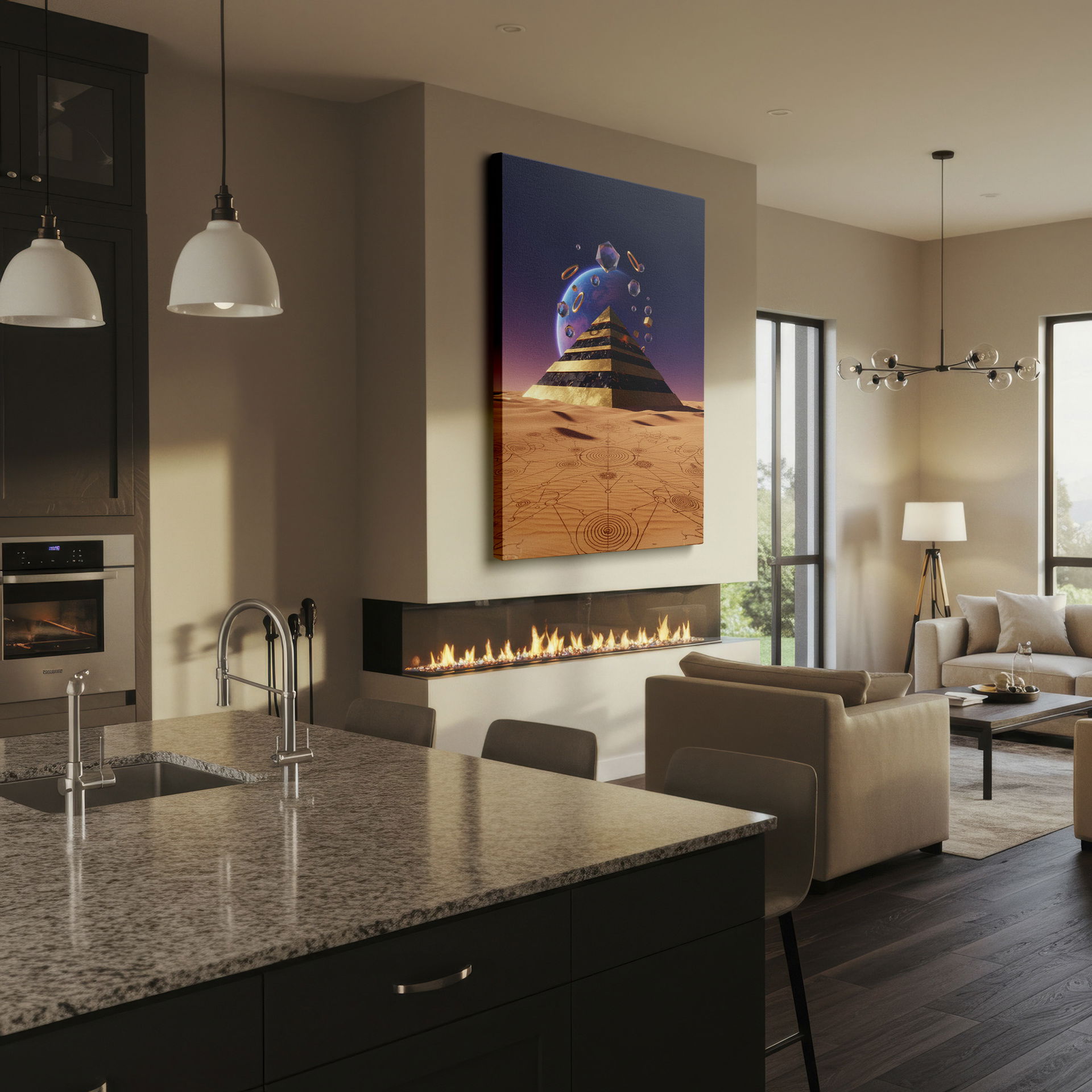 Golden pyramid wall decor with abstract geometric shapes in desert landscape, cosmic background. Elevates any space.