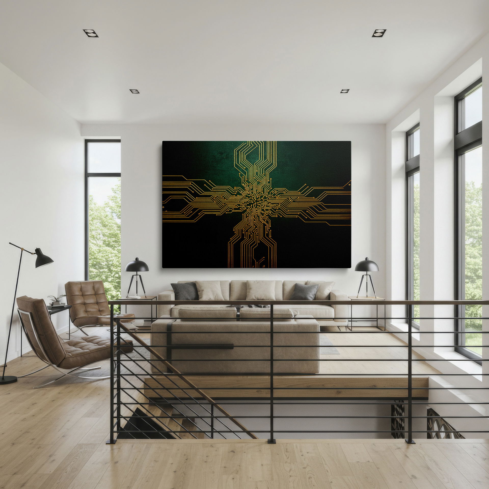 Golden circuit board imagery transformed into modern wall art.