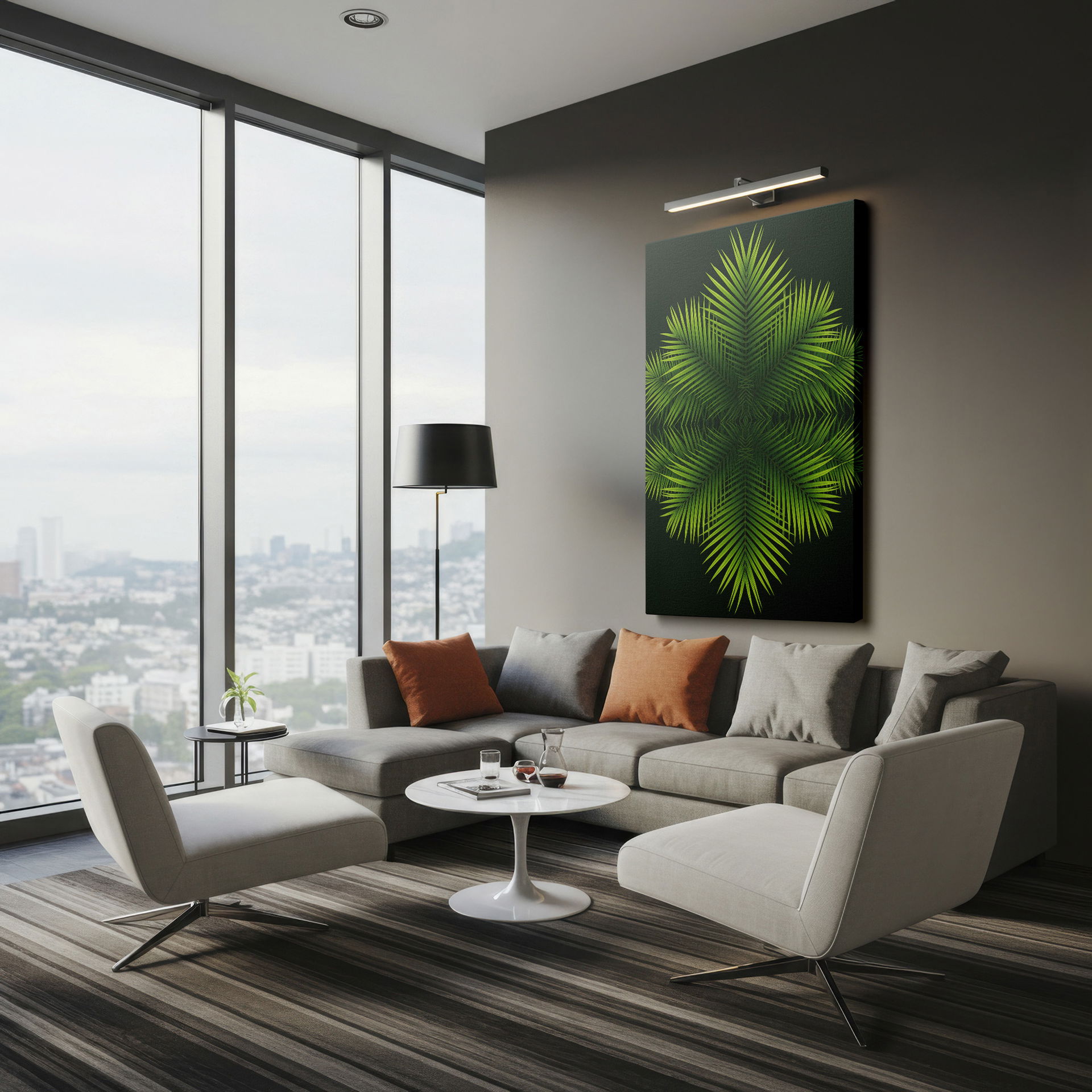 Vibrant green palm leaves in a symmetrical wall art design, enhancing your home's wall decor with tropical beauty.