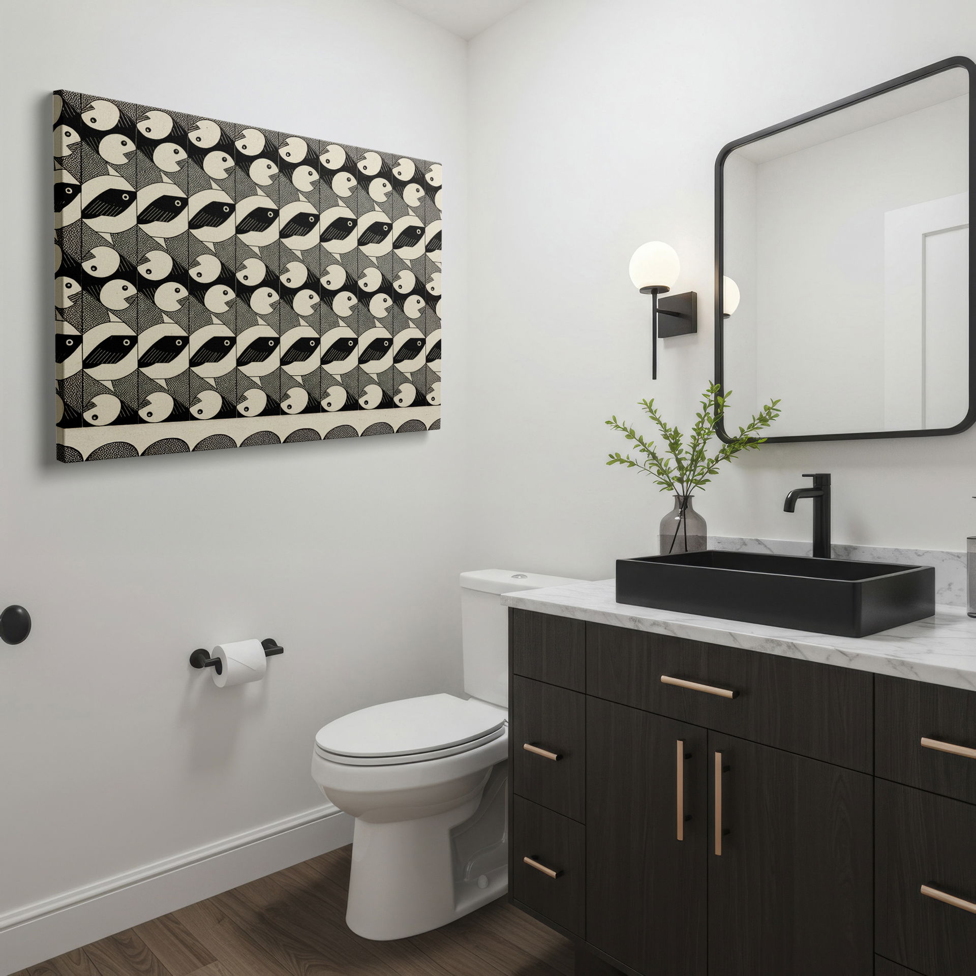 This geometric fish pattern makes a bold statement as eye-catching wall art.