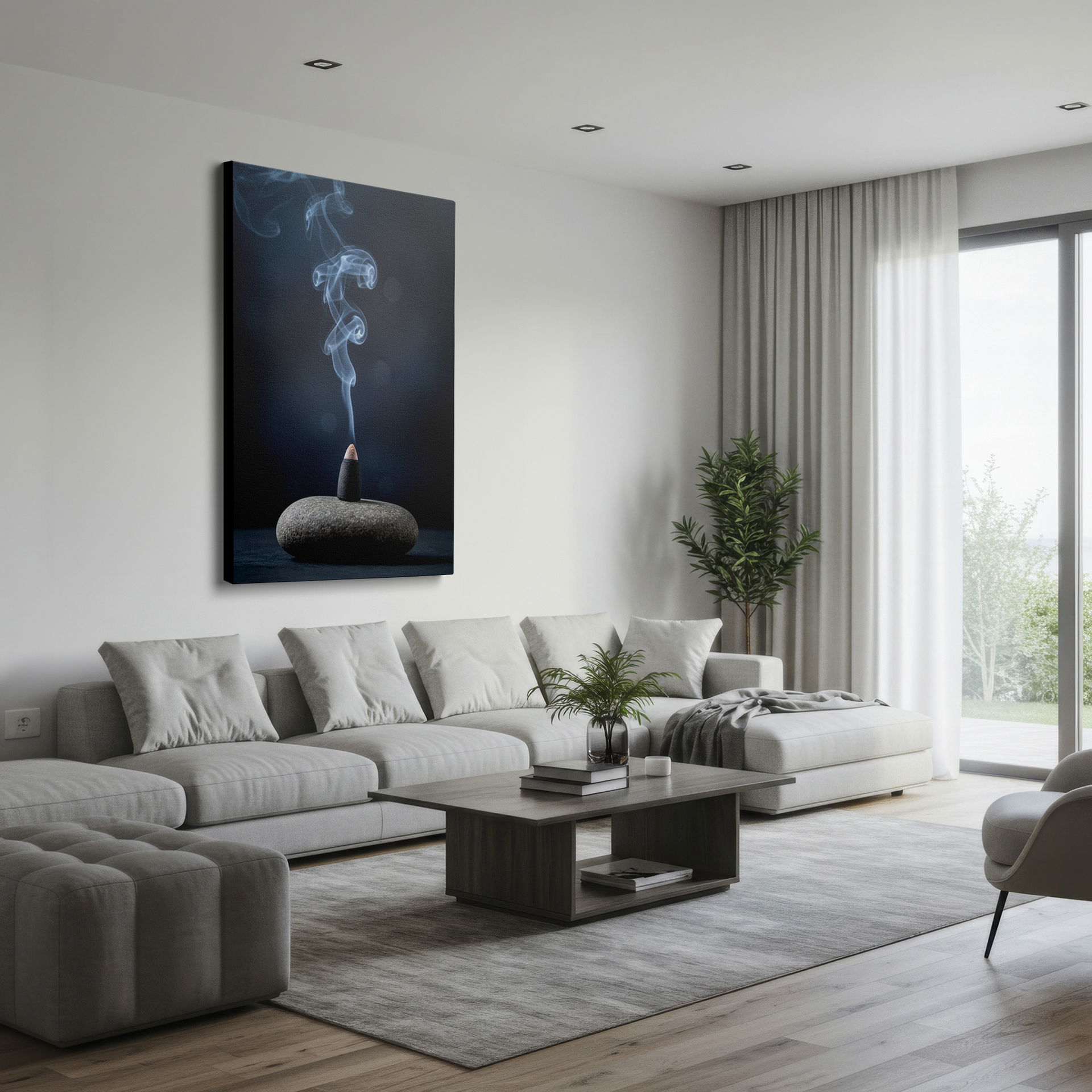 Wrapped Canvas print: Delicate incense smoke rising, bringing peace and serenity to your living space.