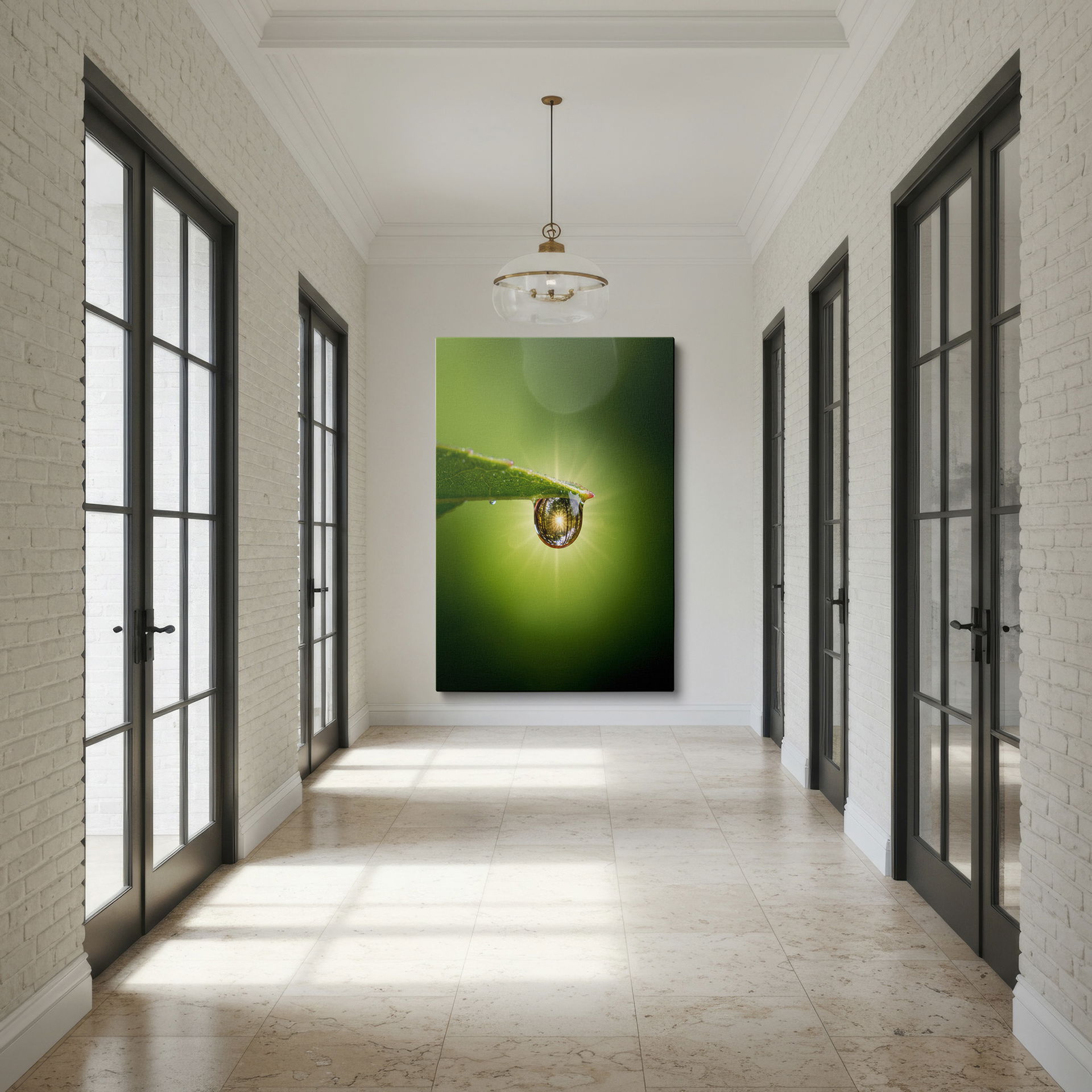 Sunlight streams through a raindrop mirroring a forest scene, clinging to a leaf; serene wall decor.