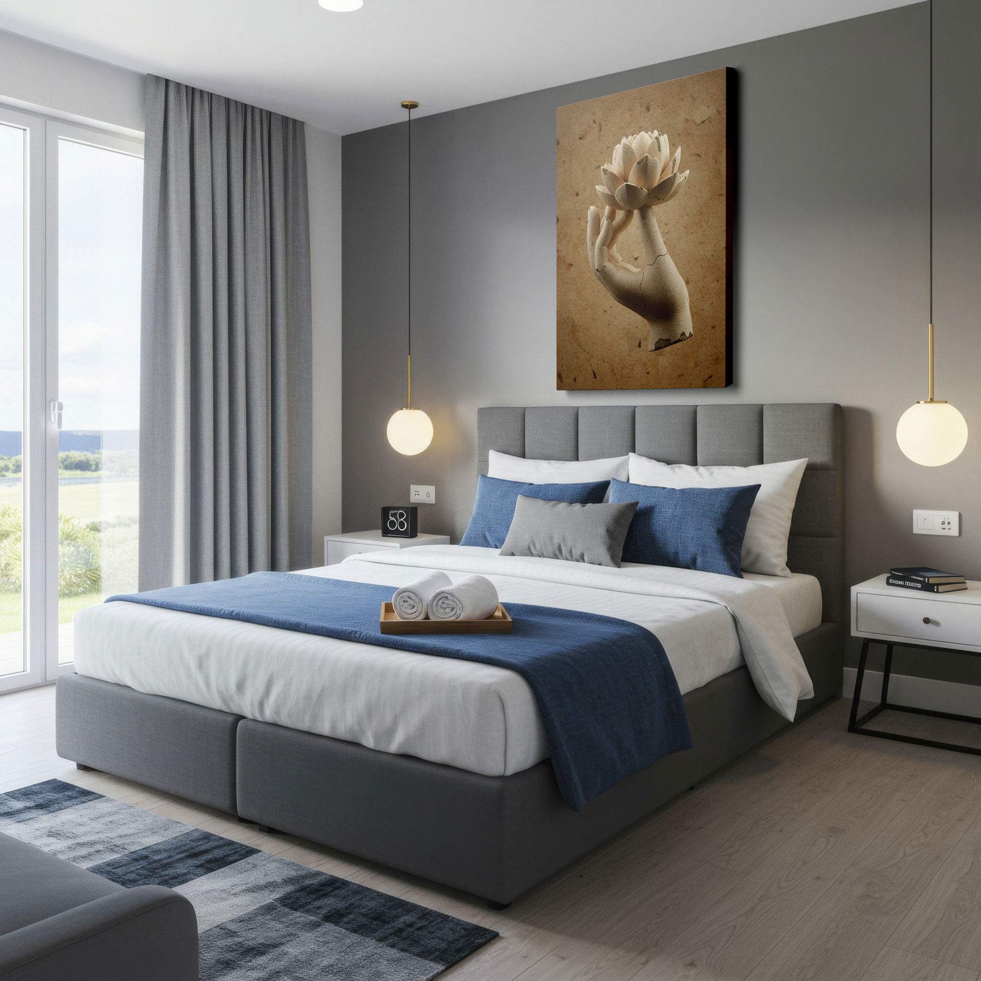 Elevate any room with the spiritual touch of this stone hand and lotus Wrapped Canvas.