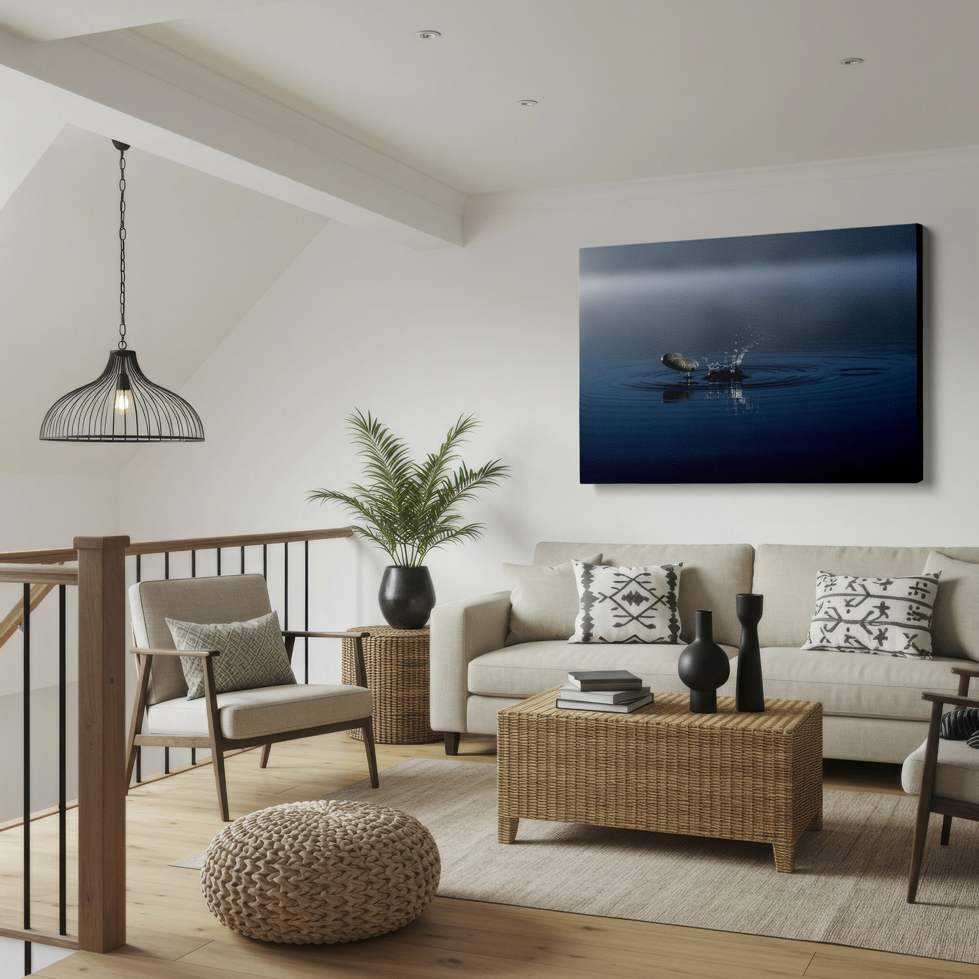 A moment of impact frozen in time; stone, water, and serene ripples on this wall art.