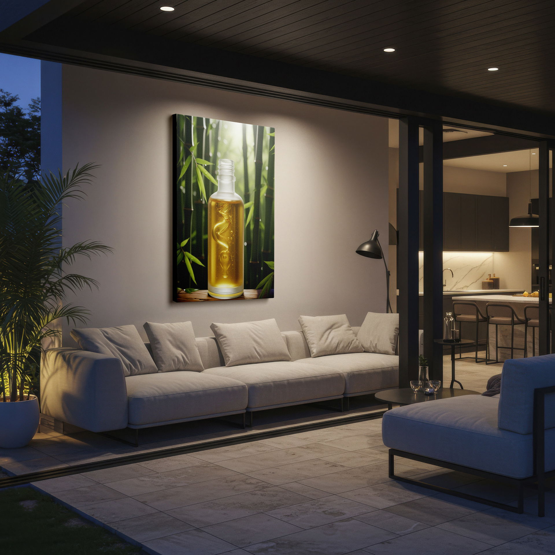 A clear bottle filled with golden oil sits amidst bamboo, offered as vibrant wall art for spa-like home decor.