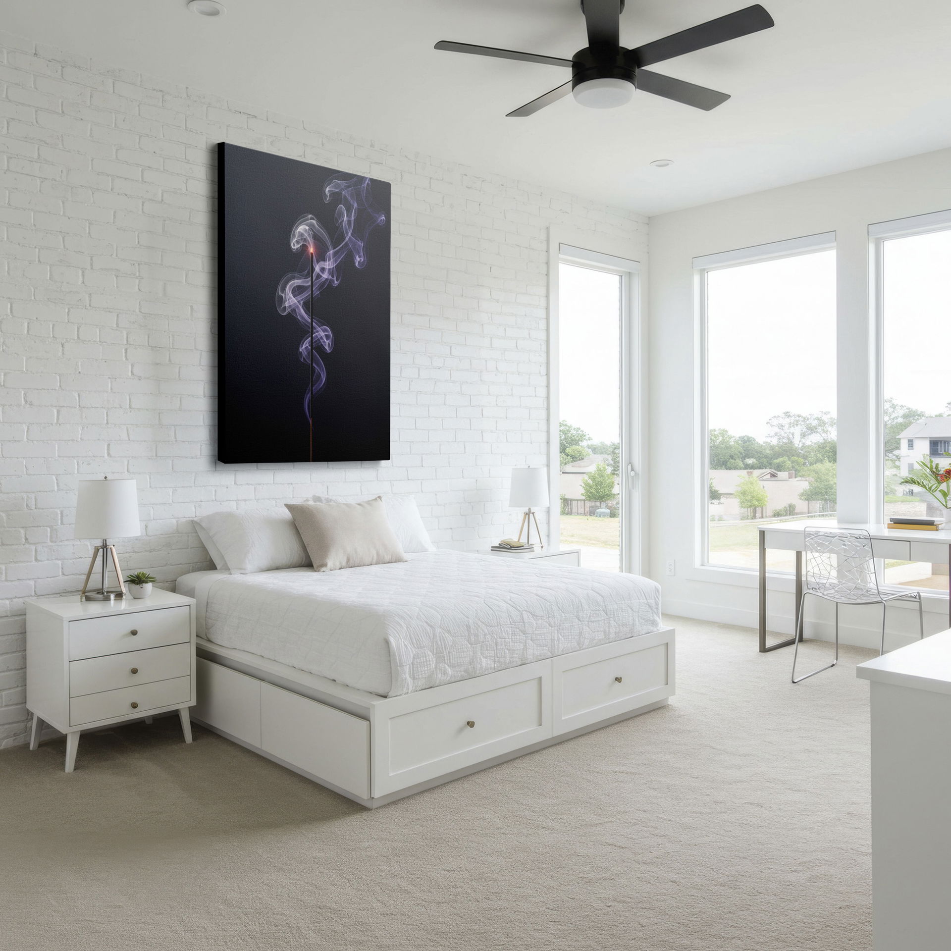 Lovely home decor featuring incense smoke creating calming abstract patterns, wrapped canvas.