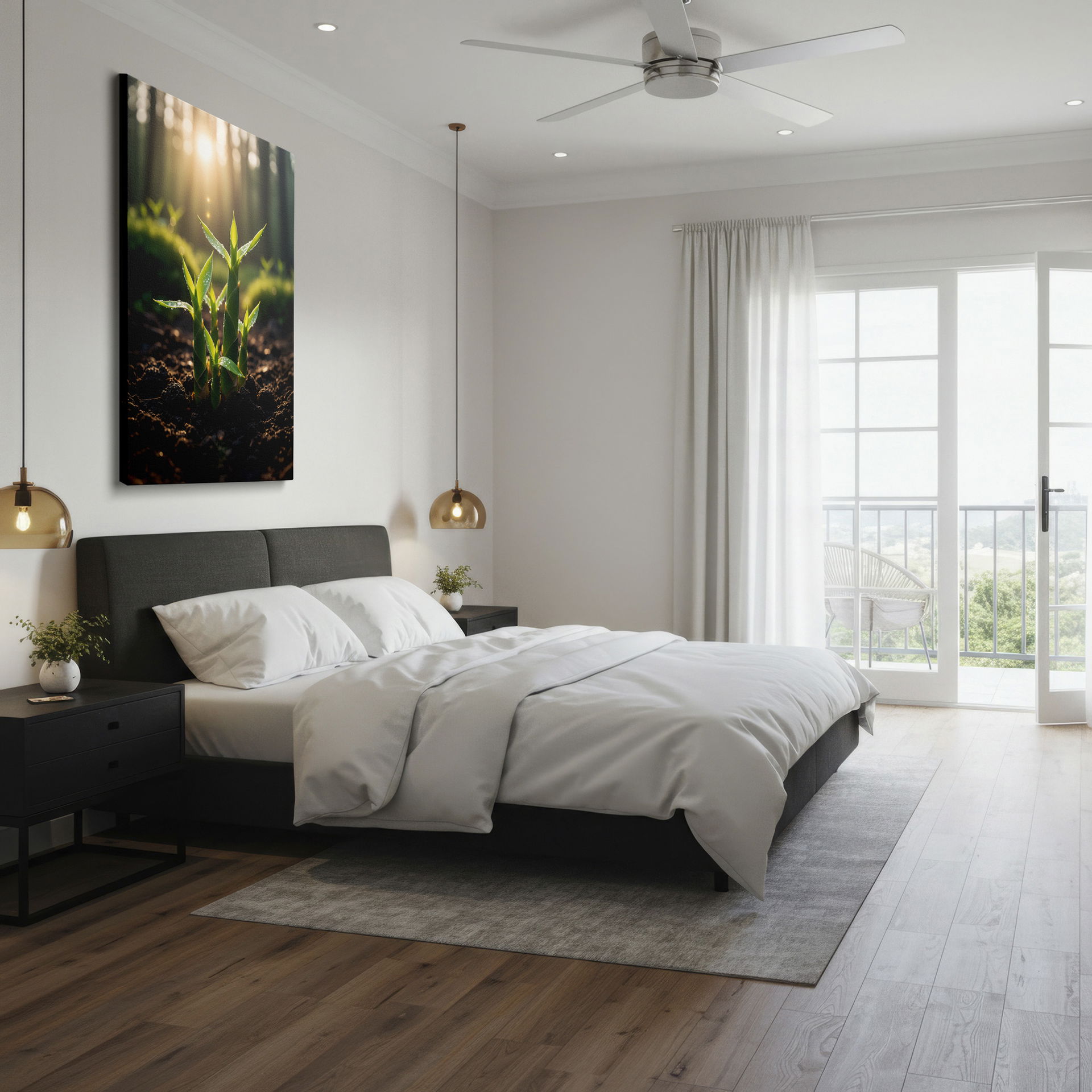 Bring the tranquility of nature indoors with this Wrapped Canvas of green bamboo shoots rising from fertile soil in a sun-dappled forest.