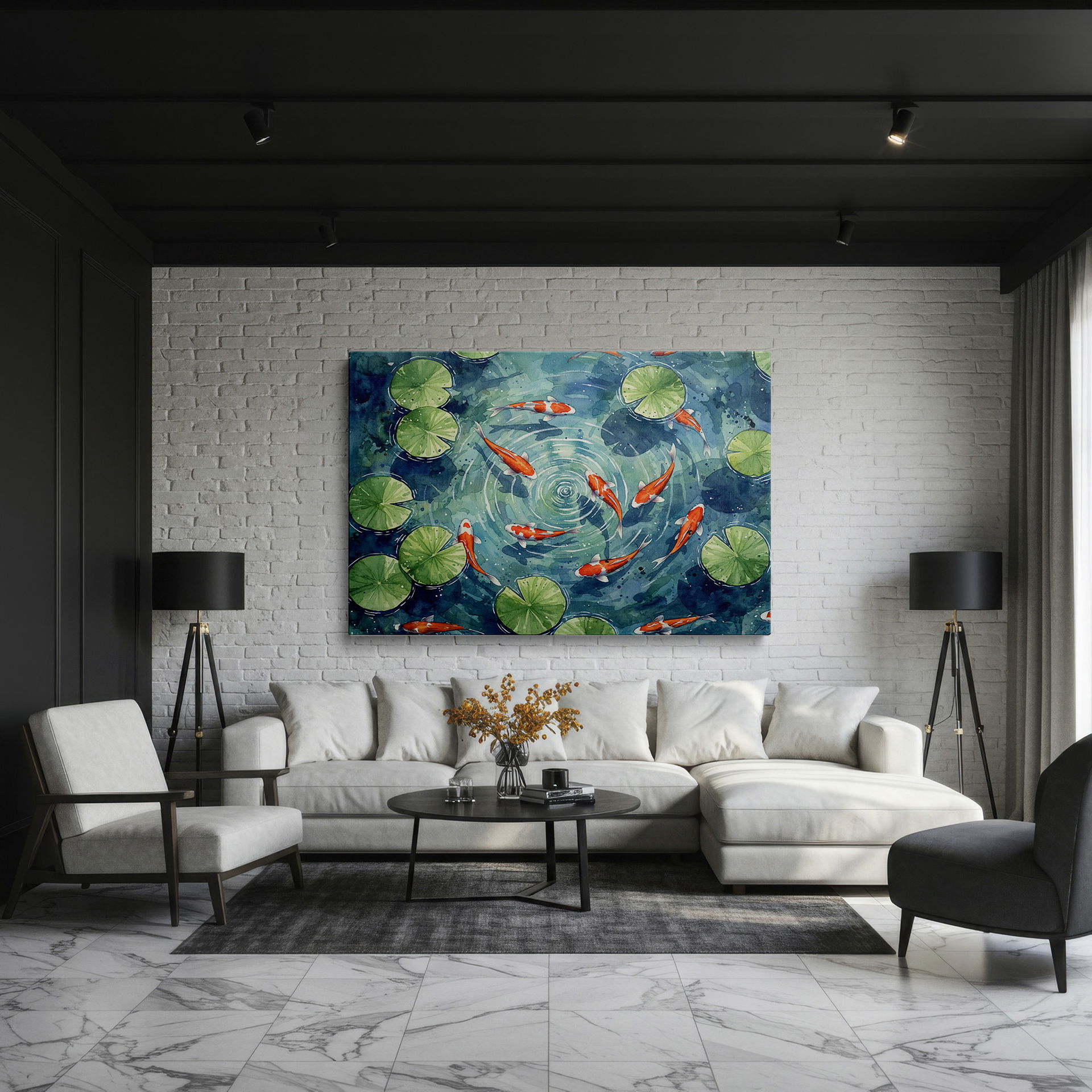 Graceful koi fish among floating lily pads, beautifully captured in this piece of Wrapped Canvas art.