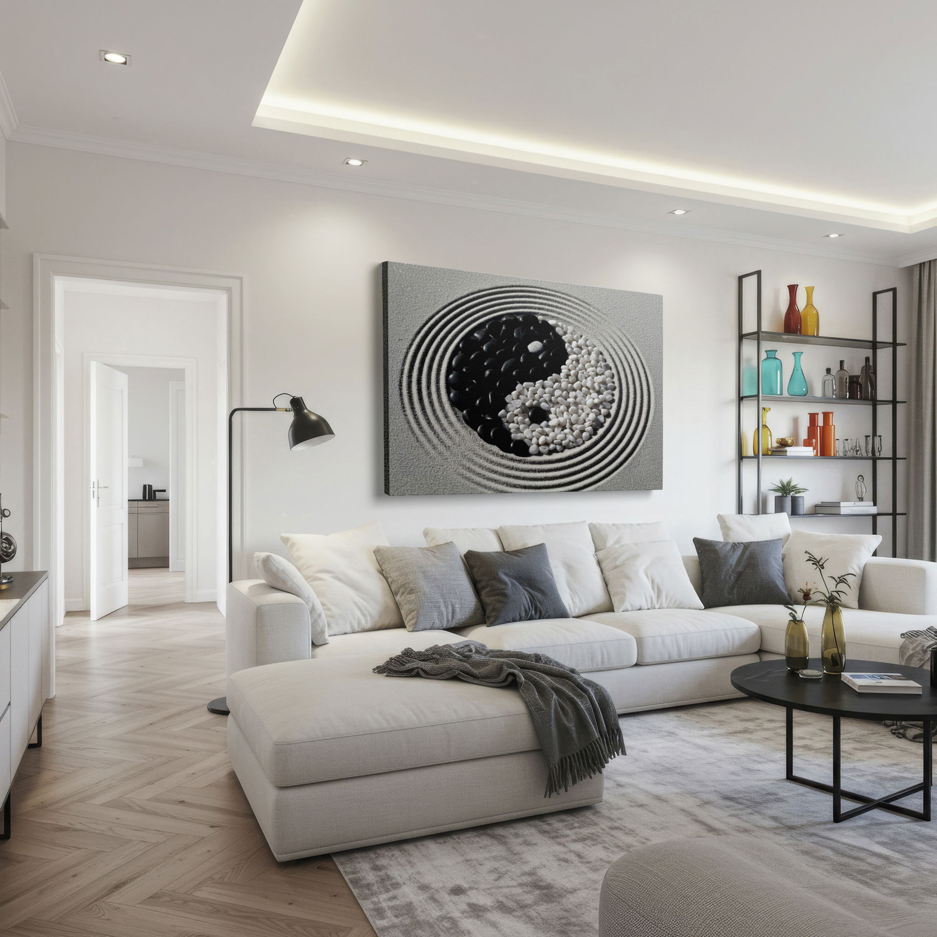 Tranquil wall art showing a Yin Yang stone composition on sand, perfect for creating a serene home decor.