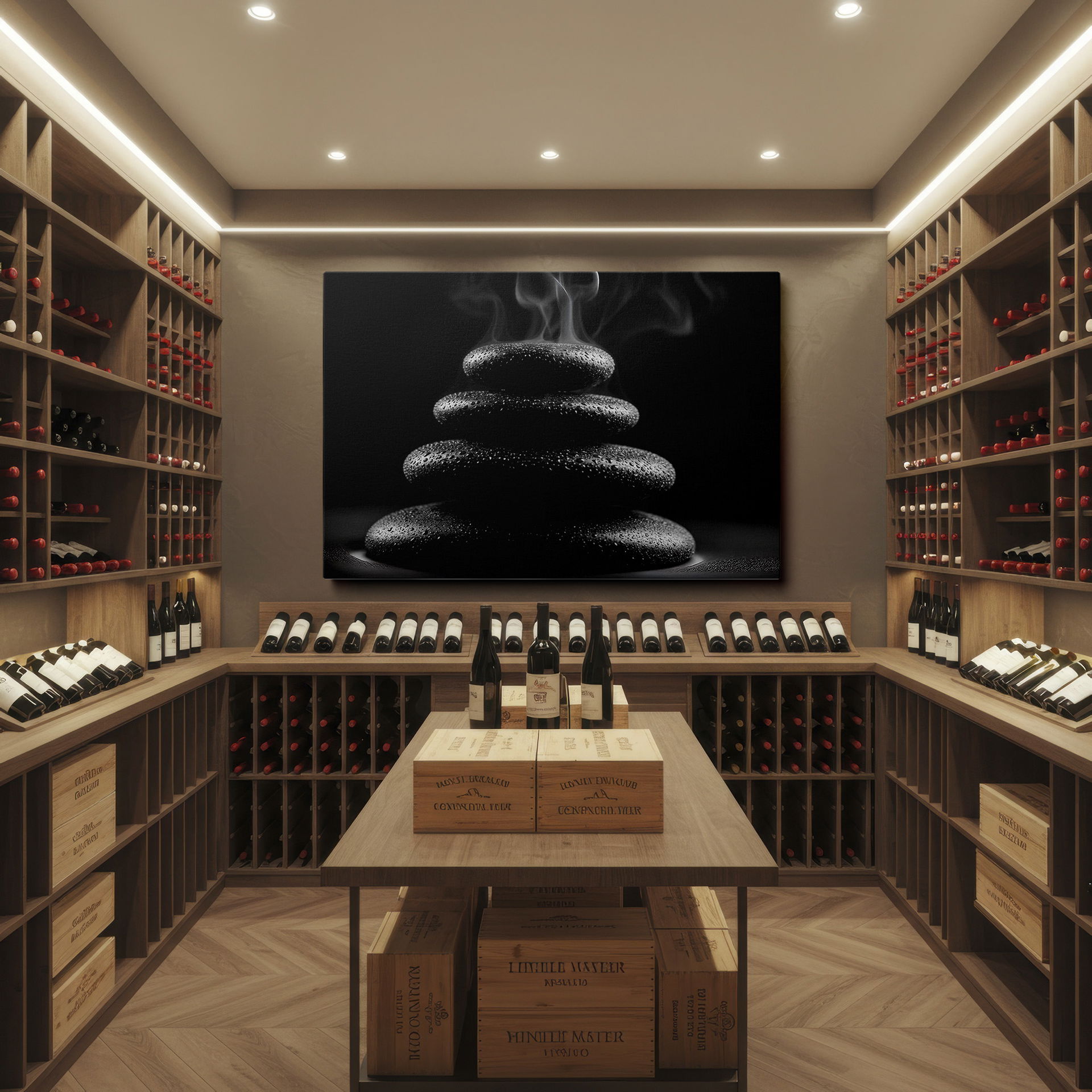 Black stacked stones wall decor with smoke, perfect for a balanced atmosphere.