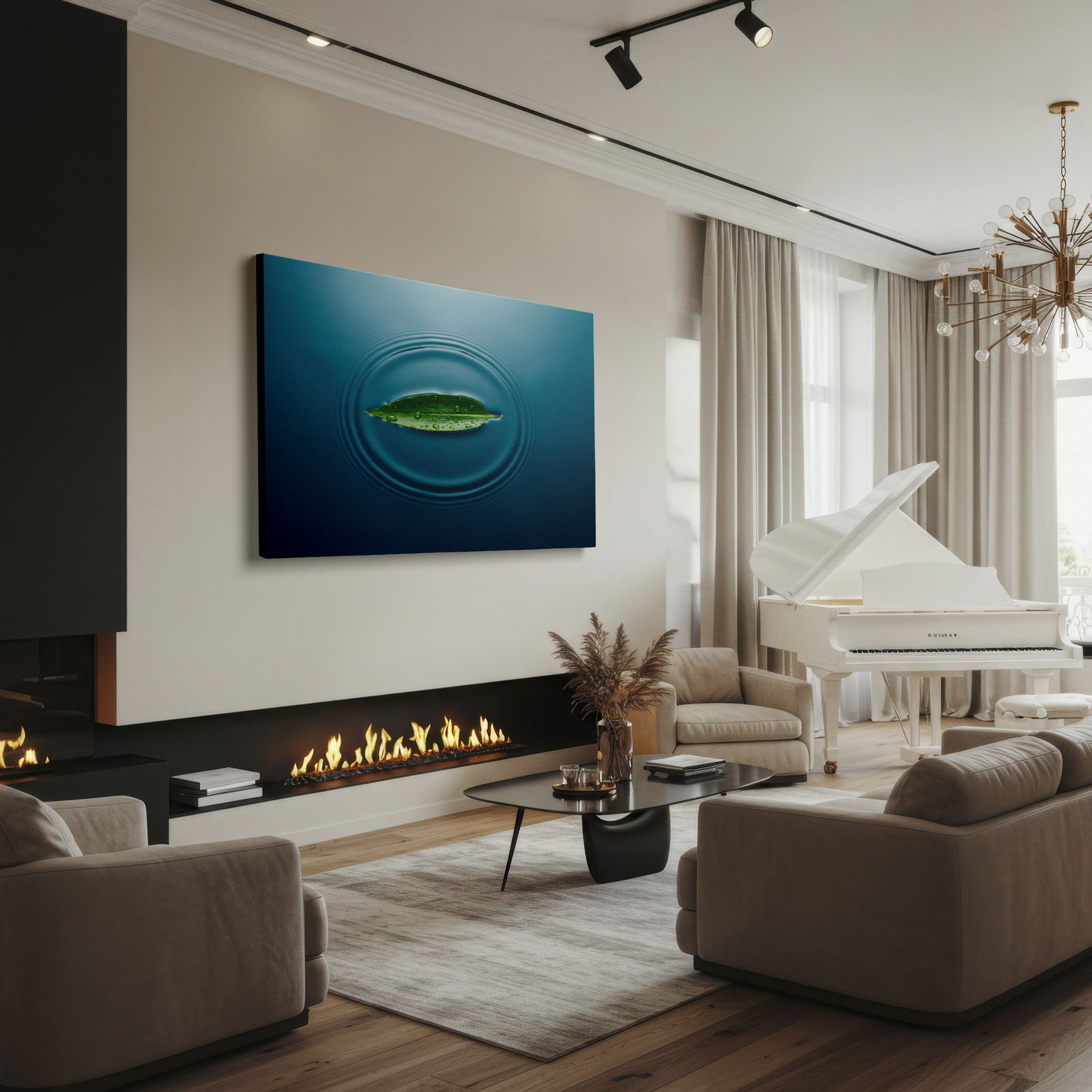 Tranquil scene of a green leaf on water, droplets causing soft ripples. Minimalist Wrapped Canvas.