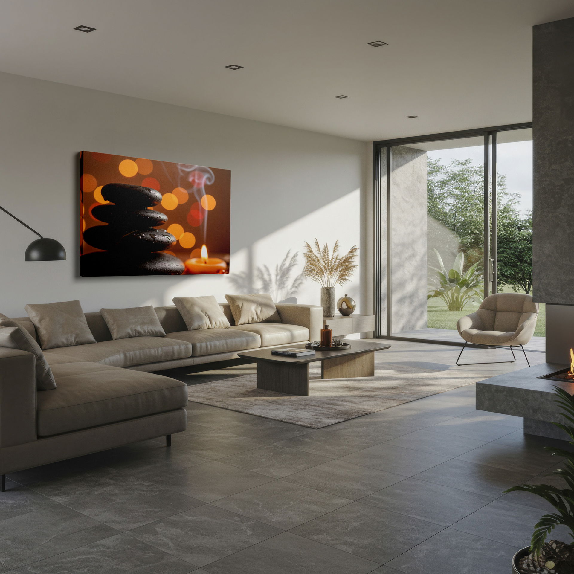 Spa-inspired Zen Stones wall decor featuring smooth stones, candlelight and blurred lights.