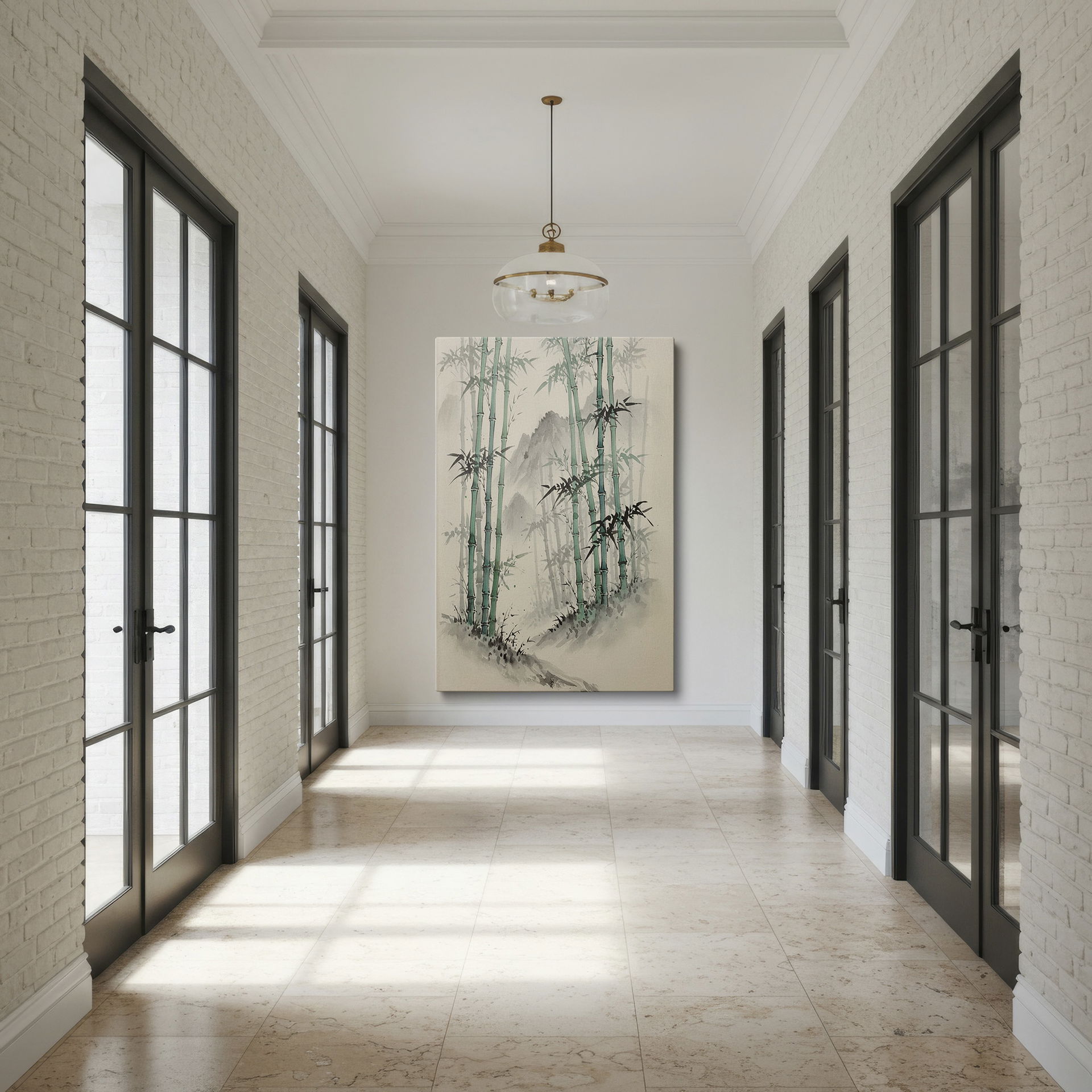 Elegant wall art portraying a bamboo forest and misty mountains. A calming Wrapped Canvas for relaxation.