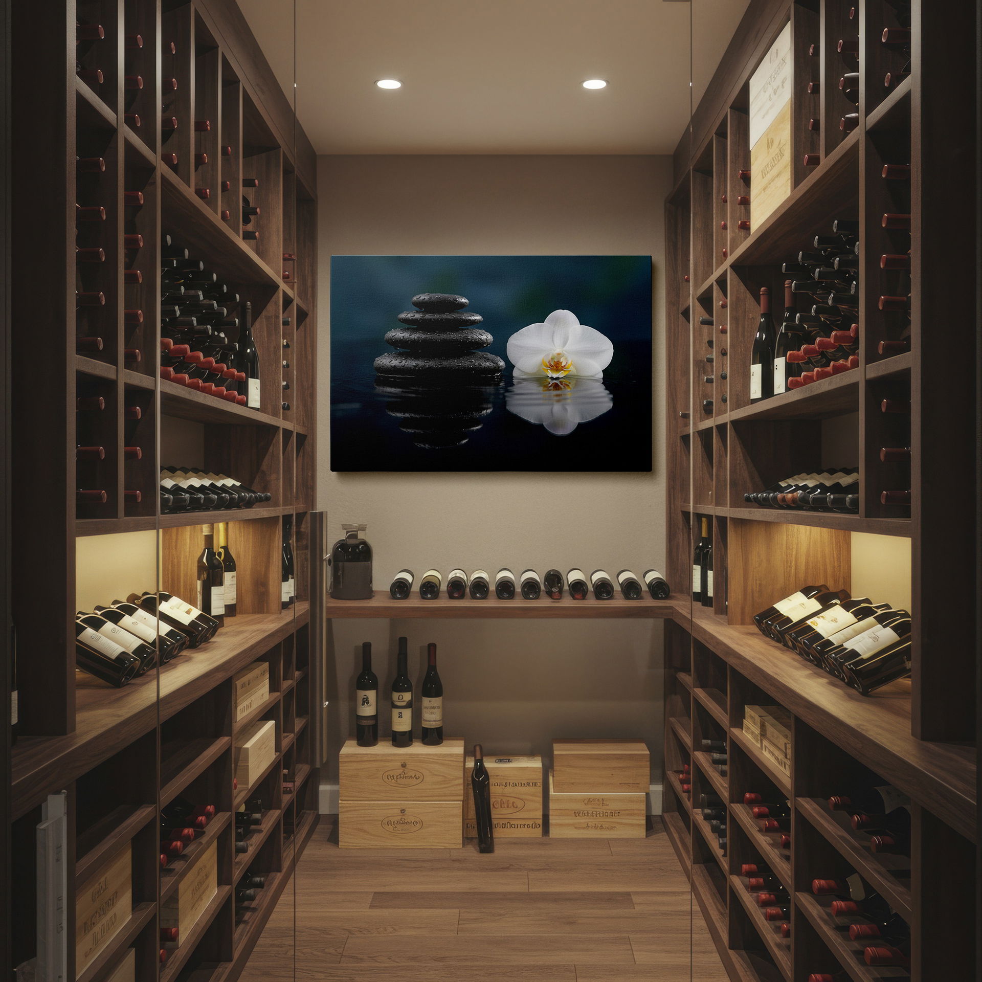 Zen stones and orchid wall art reflecting peace and harmony.