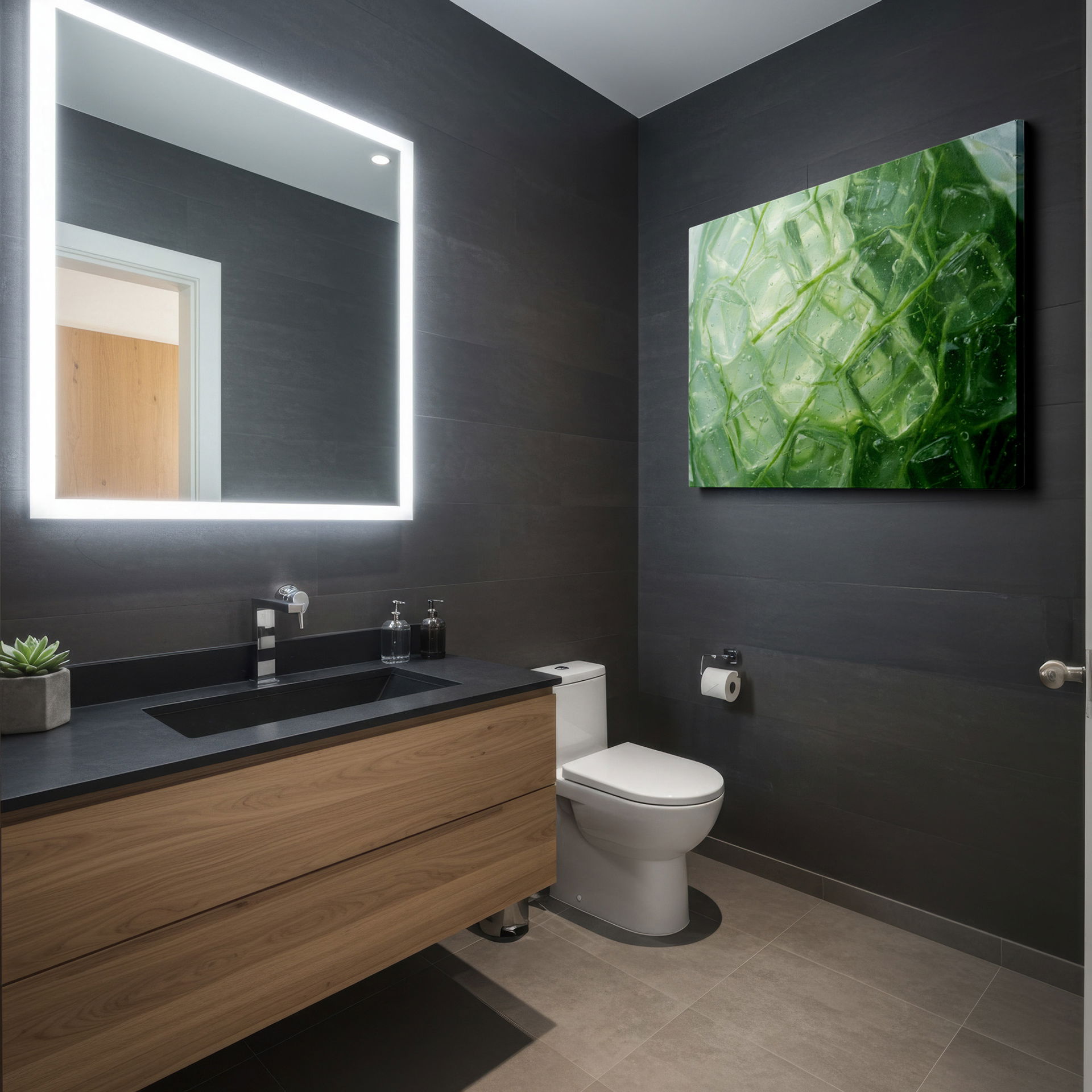 A modern wrapped canvas featuring a fusion of crystalline ice and verdant plants, an enchanting and natural wall art.