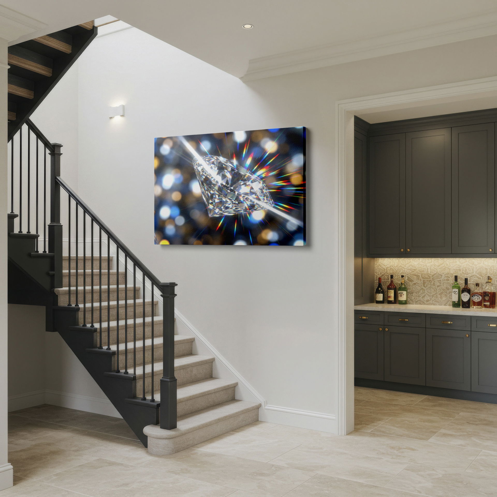 Elegant wall decor featuring a close-up of a diamond refracting light.