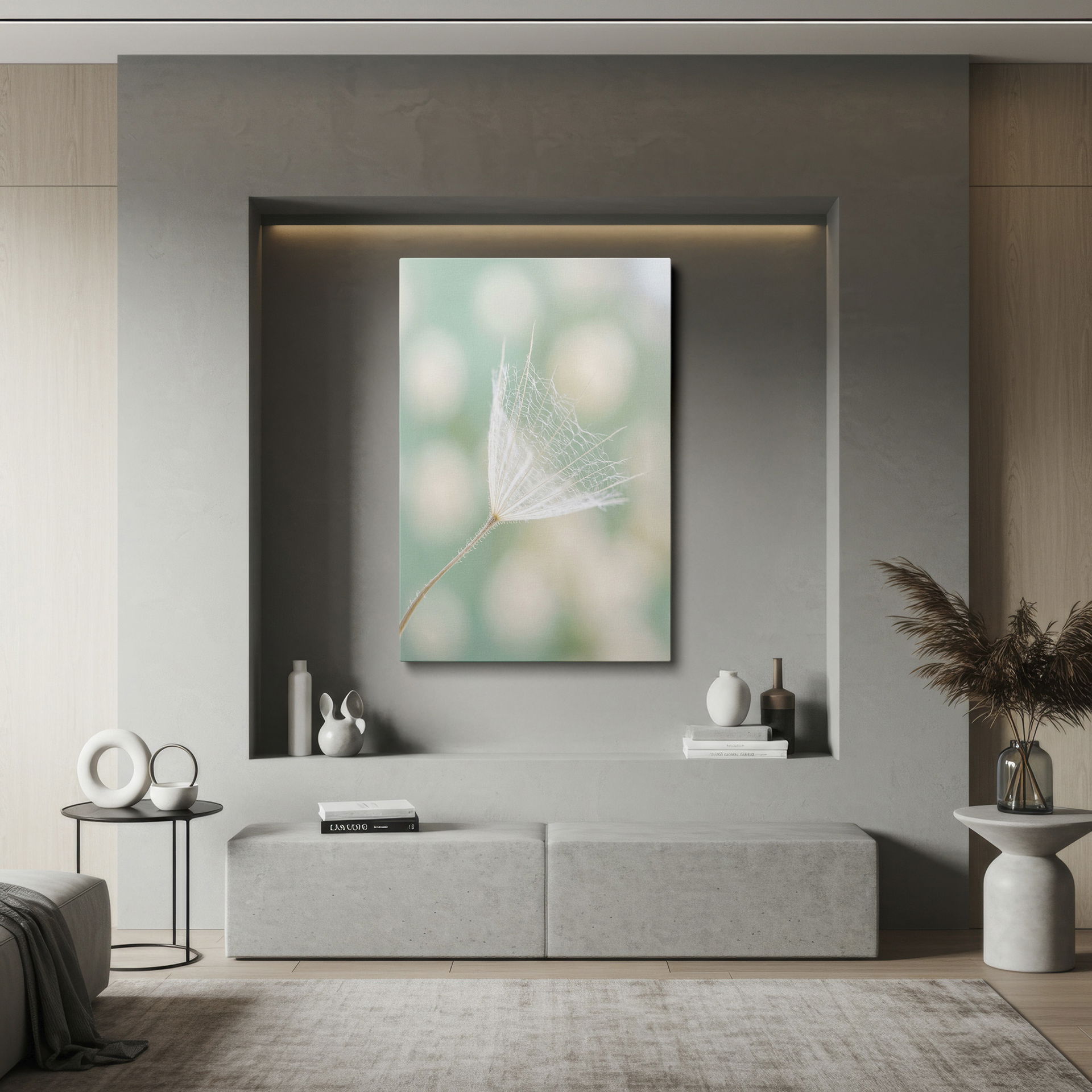 Nature-inspired wall decor showing the intricate details of a single dandelion seed close-up.