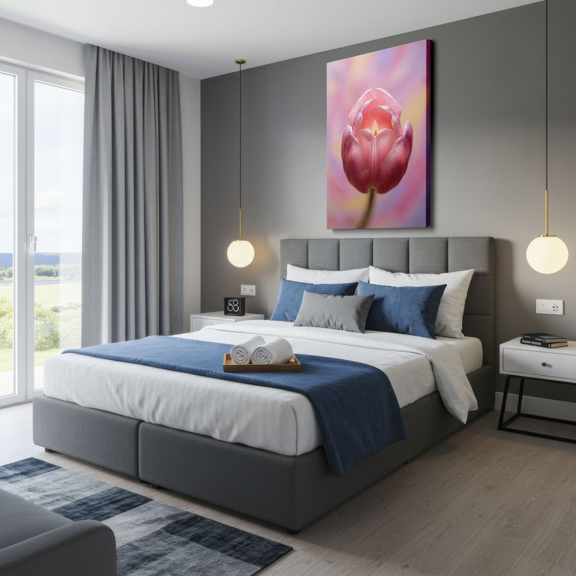 A macro view emphasizing the gentle curves of a pink tulip, a lovely piece of wall decor.