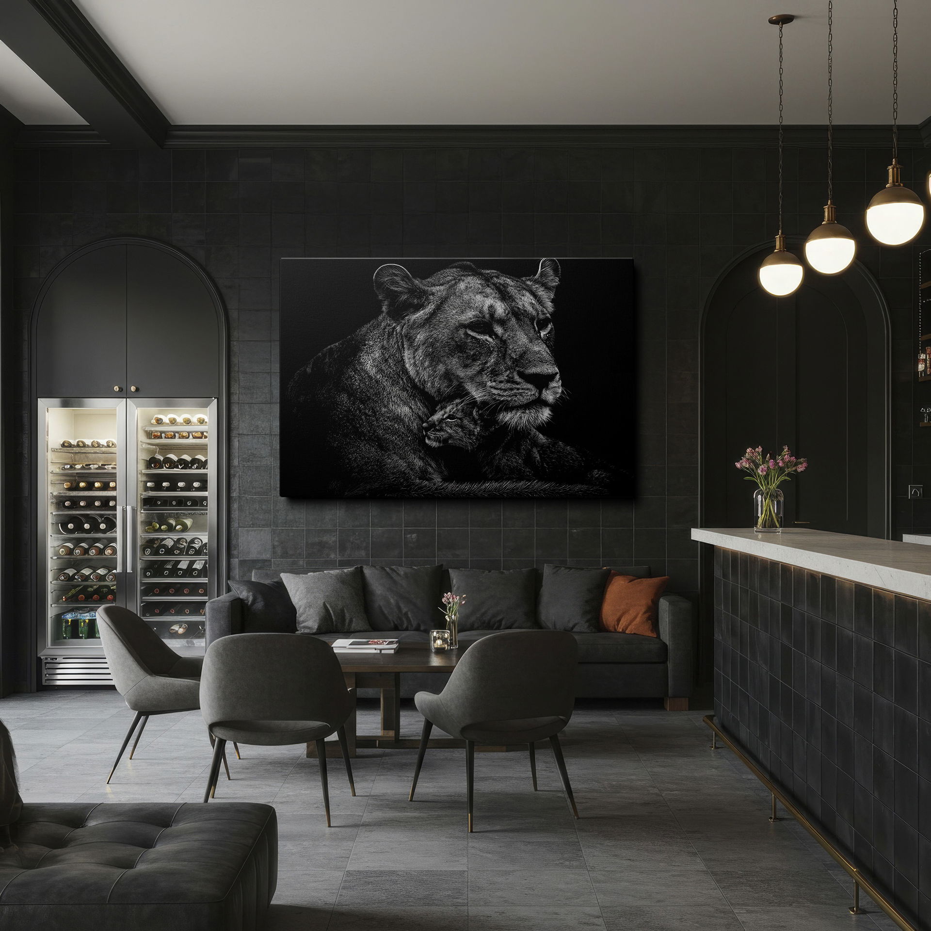 Black and white image: Lioness and cub, a touching moment captured for elegant wall art.