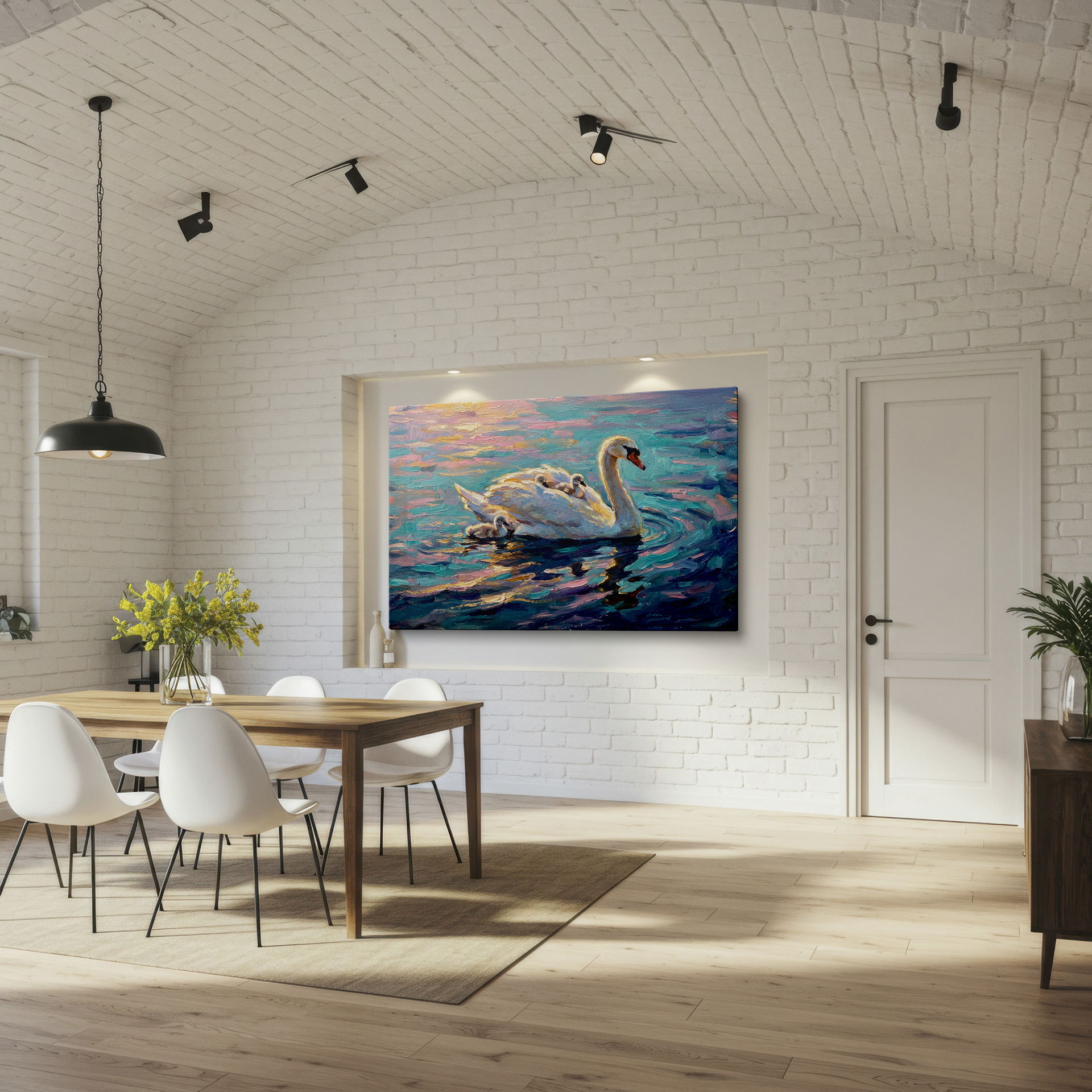 Family of swans depicted in an impressionistic style on water, reflecting pastel light. Serene wall decor.