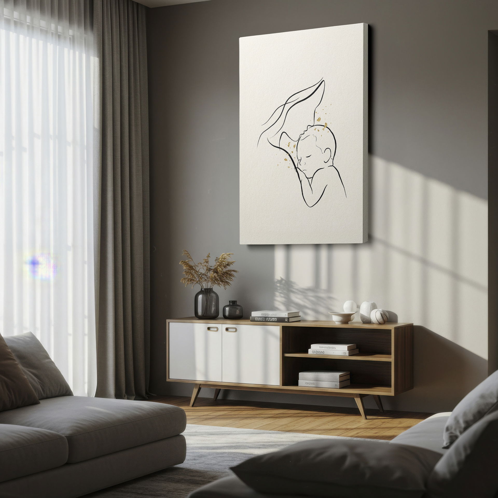 Line art showing a mother embracing child, the gold details adding elegance to this Wrapped Canvas piece.