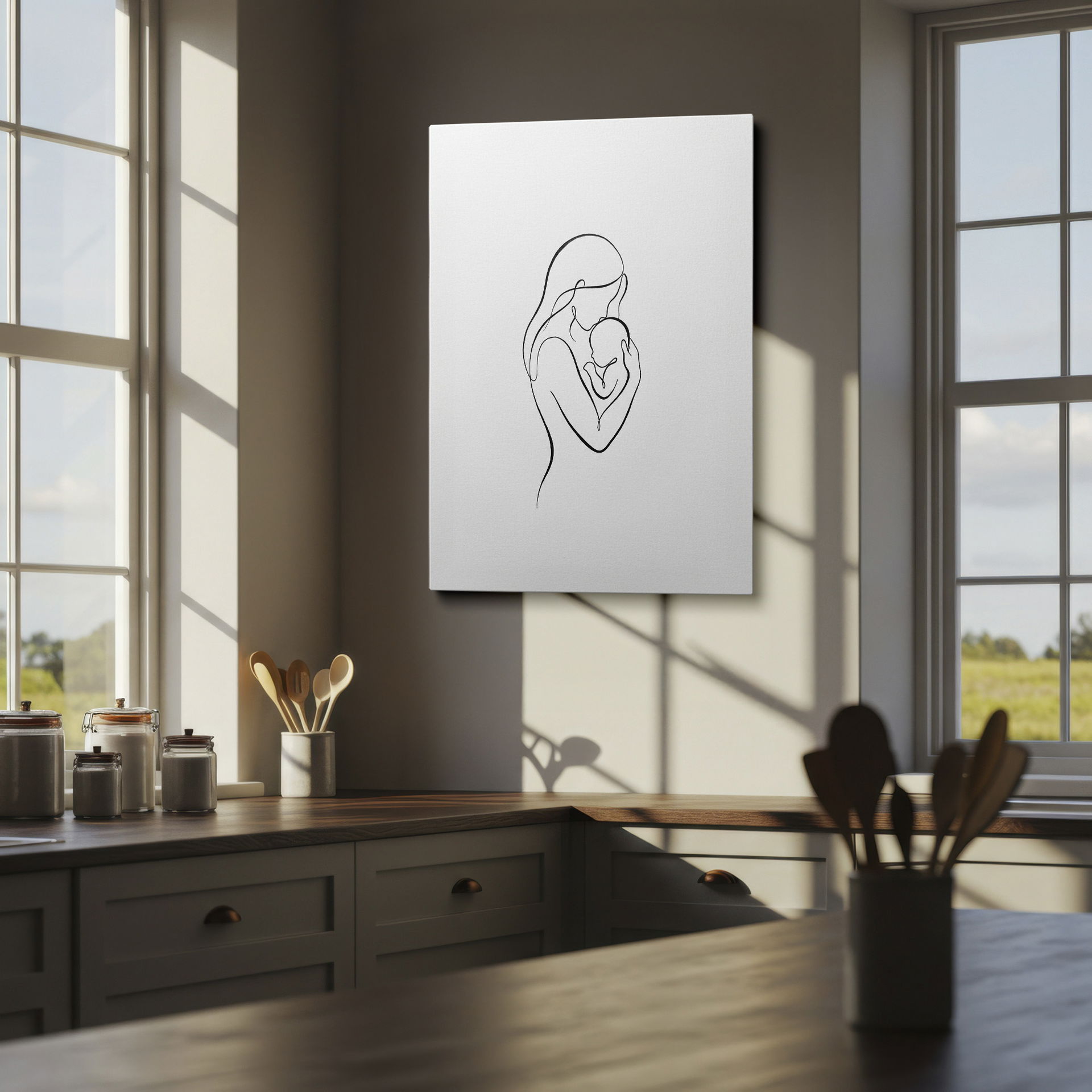 Minimalist line art capturing a tender moment; enhance your wall decor.