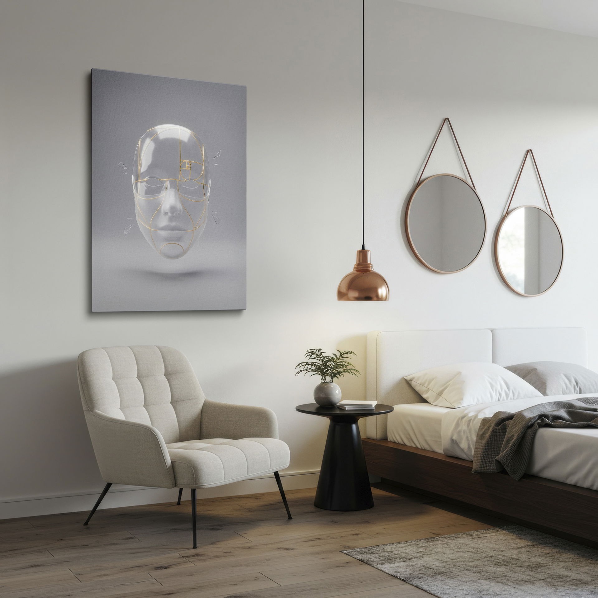 Abstract wall decor of a clear mask overlaid with the golden ratio for visual intrigue.